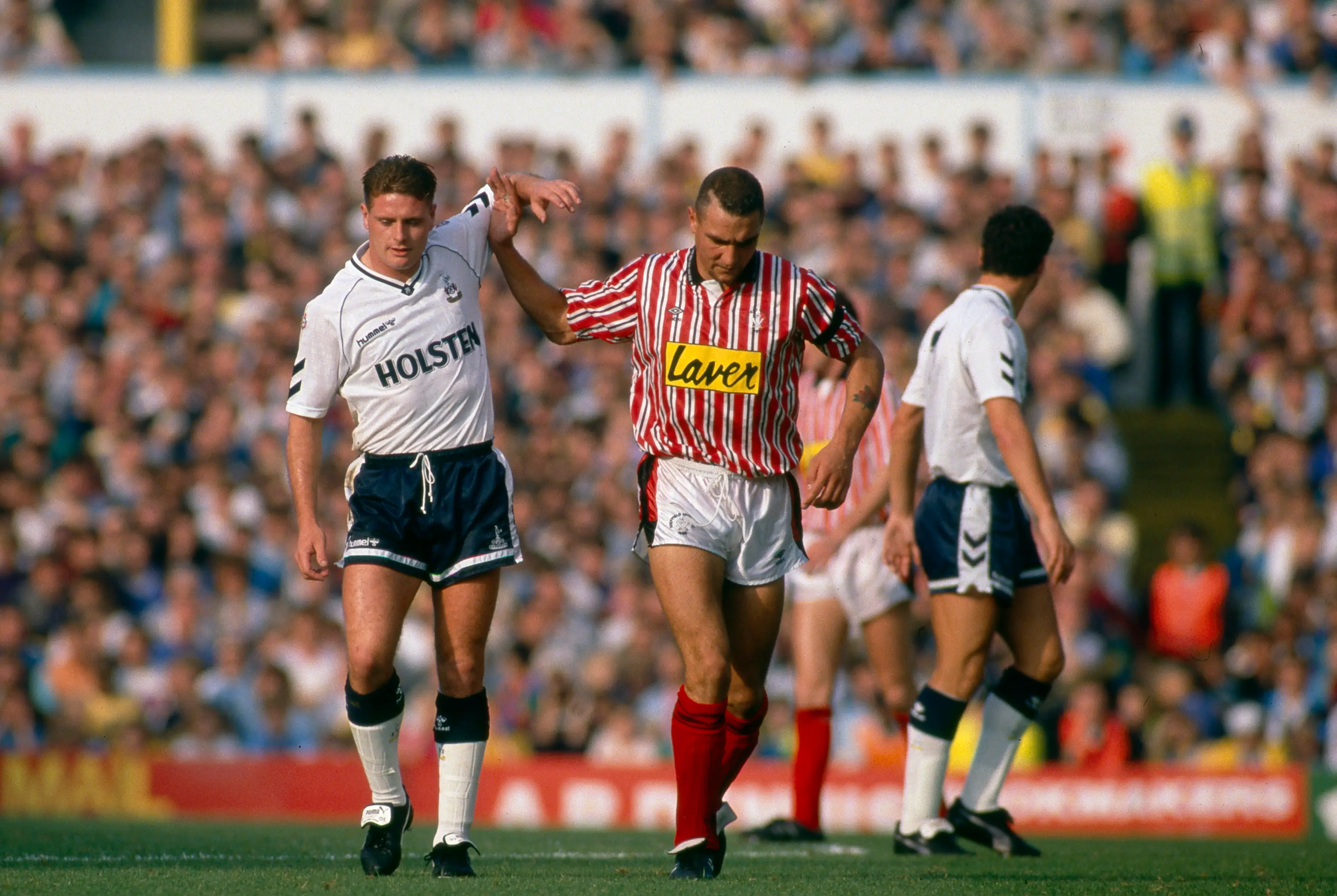 Paul Gascoigne and Vinne Jones during a fixture. Image: Getty 