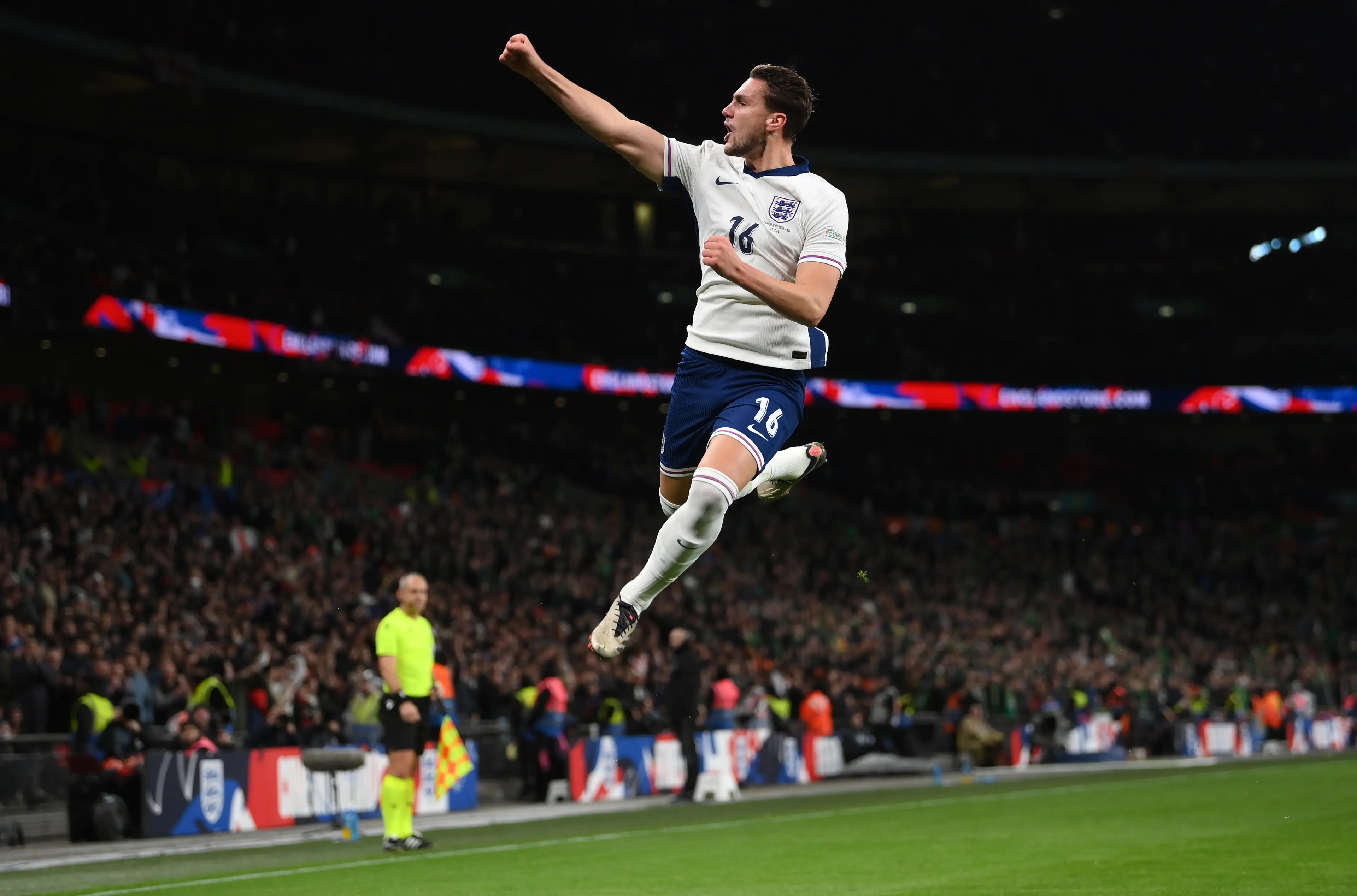Taylor Harwood-Bellis celebrates scoring on his England debut. Image: Getty