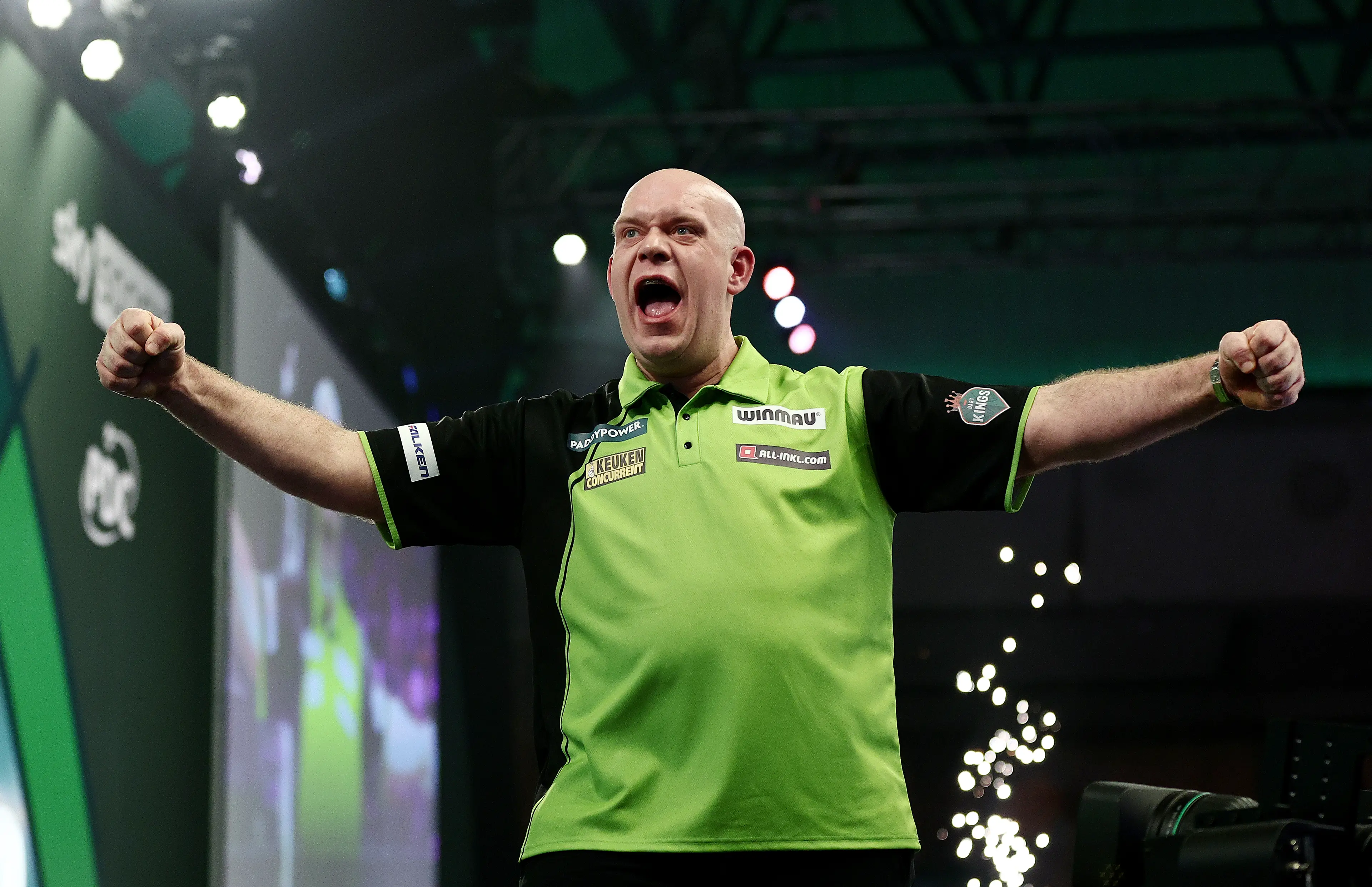 Michael van Gerwen celebrates his victory over Callan Rydz. Image: Getty 
