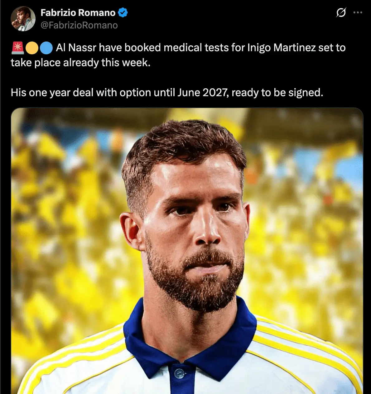 Inigo Martinez is set to leave Barcelona to sign for Al Nassr (Image: Twitter/@FabrizioRomano)