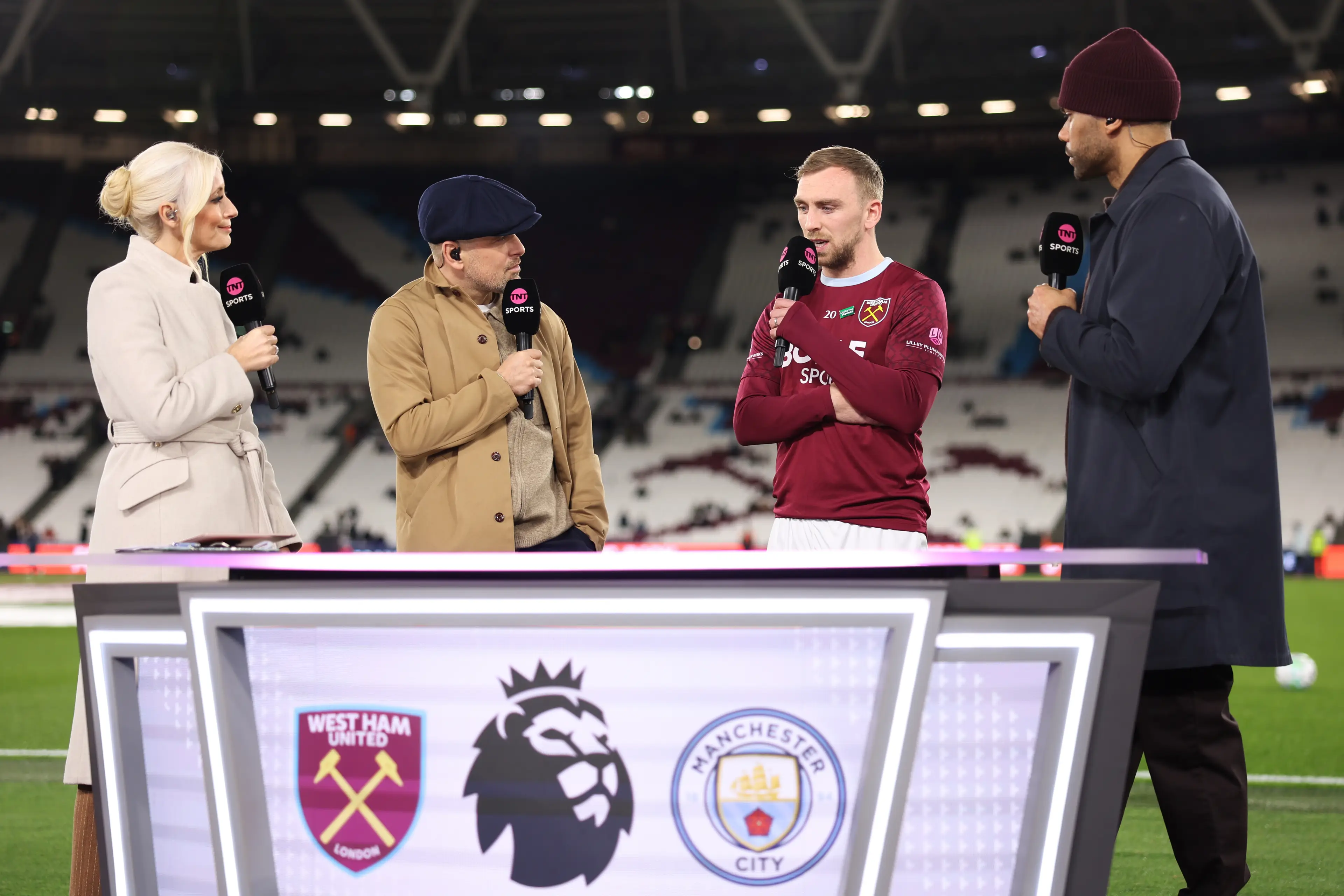 Jarrod Bowen of West Ham United speaks to TNT presenter Lynsey Hipgrave, former players Joe Cole and Joleon Lescott who are presenting for TNT Sports prior to the Premier League match (Getty Images)