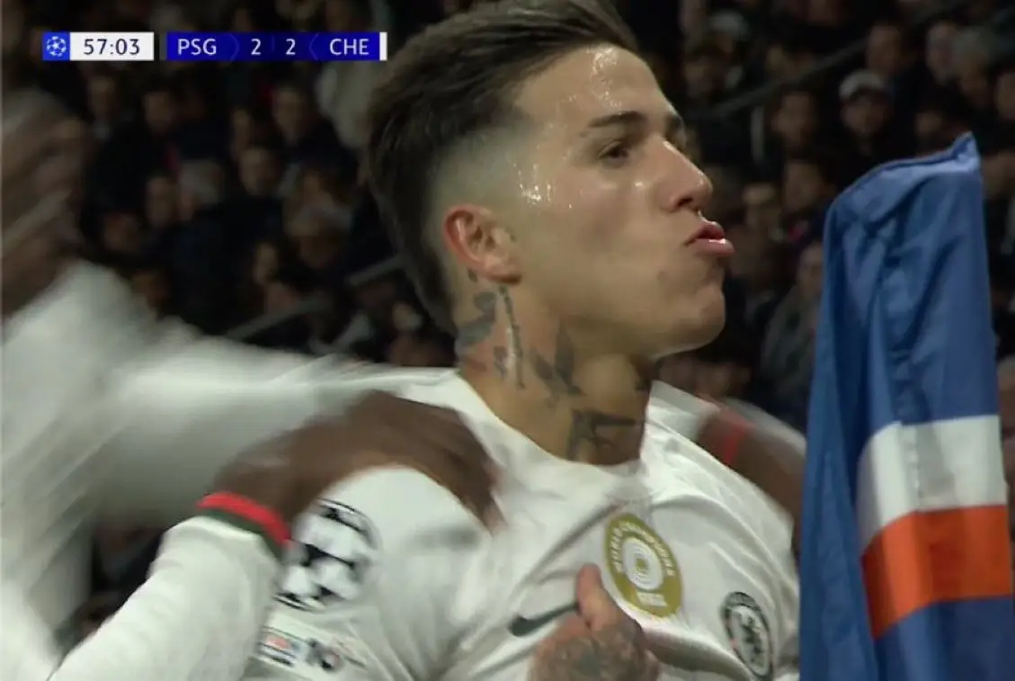 Enzo Fernandez pointed at the Club World Cup badge after scoring. Image credit: TNT Sports