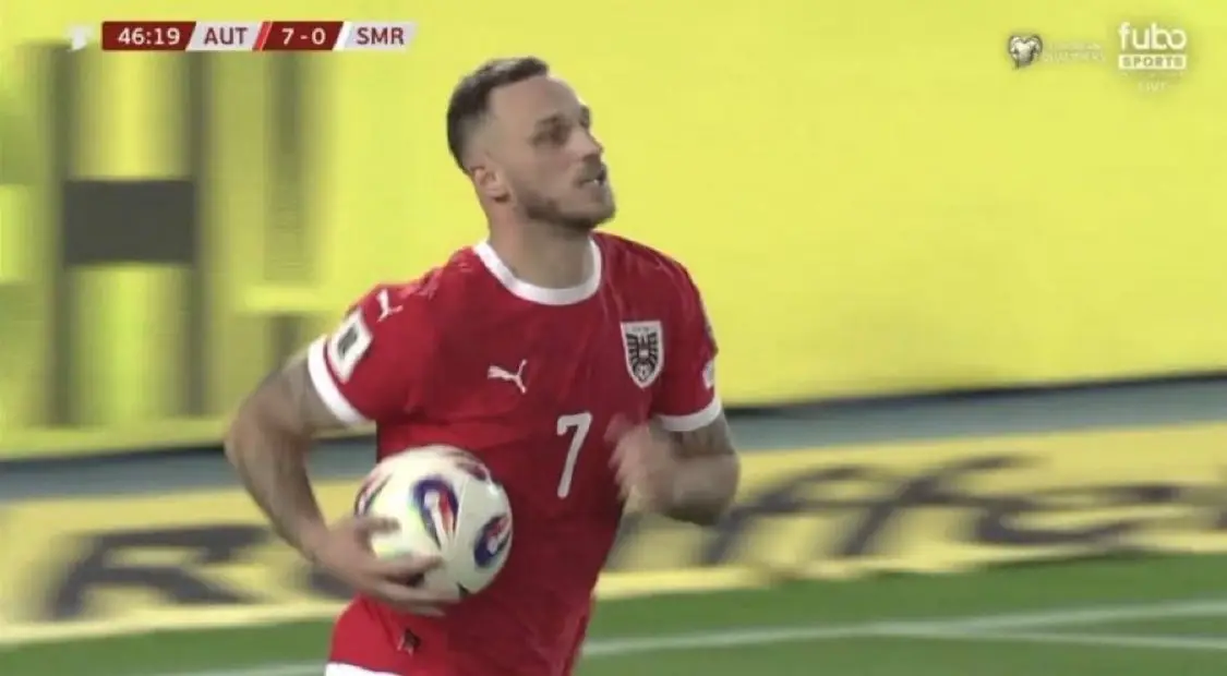 Marko Arnautovic grabbed the ball after scoring against San Marino. Image: Fubo Sports 