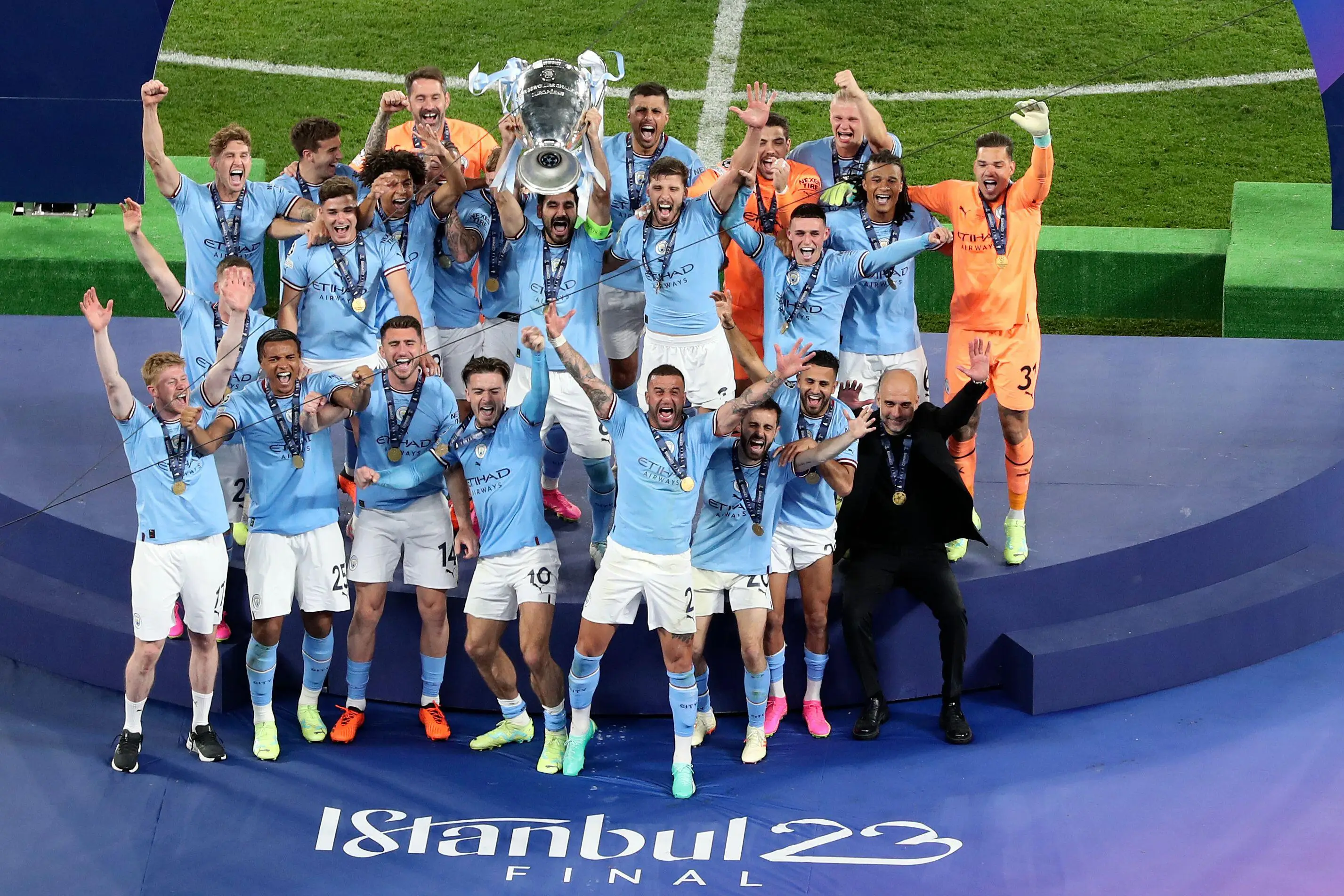 Manchester City players celebrate winning the Champions League. Image: Alamy