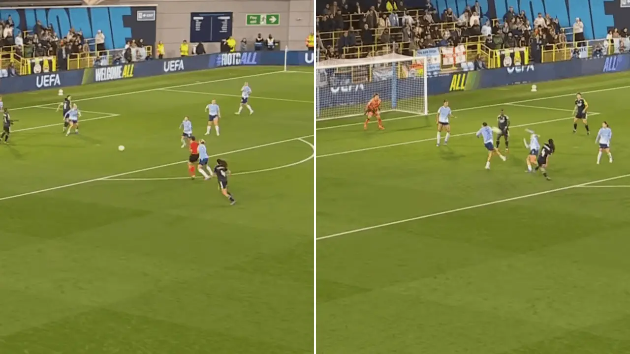 Silvia Cristobal (wearing number 4) got to the ball, which was travelling away from the penalty area, after Beth Mead had been blocked off (Image: ESPN/Disney+)
