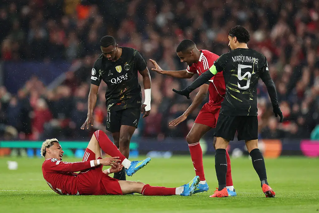 Hugo Ekitike was stretchered off against PSG (Credit:Getty)