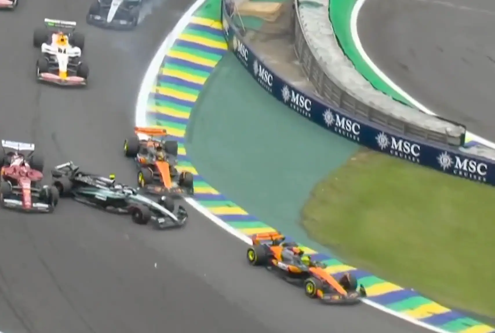 Piastri, Antonelli and Leclerc collided at turn one (Image: F1/Sky Sports)