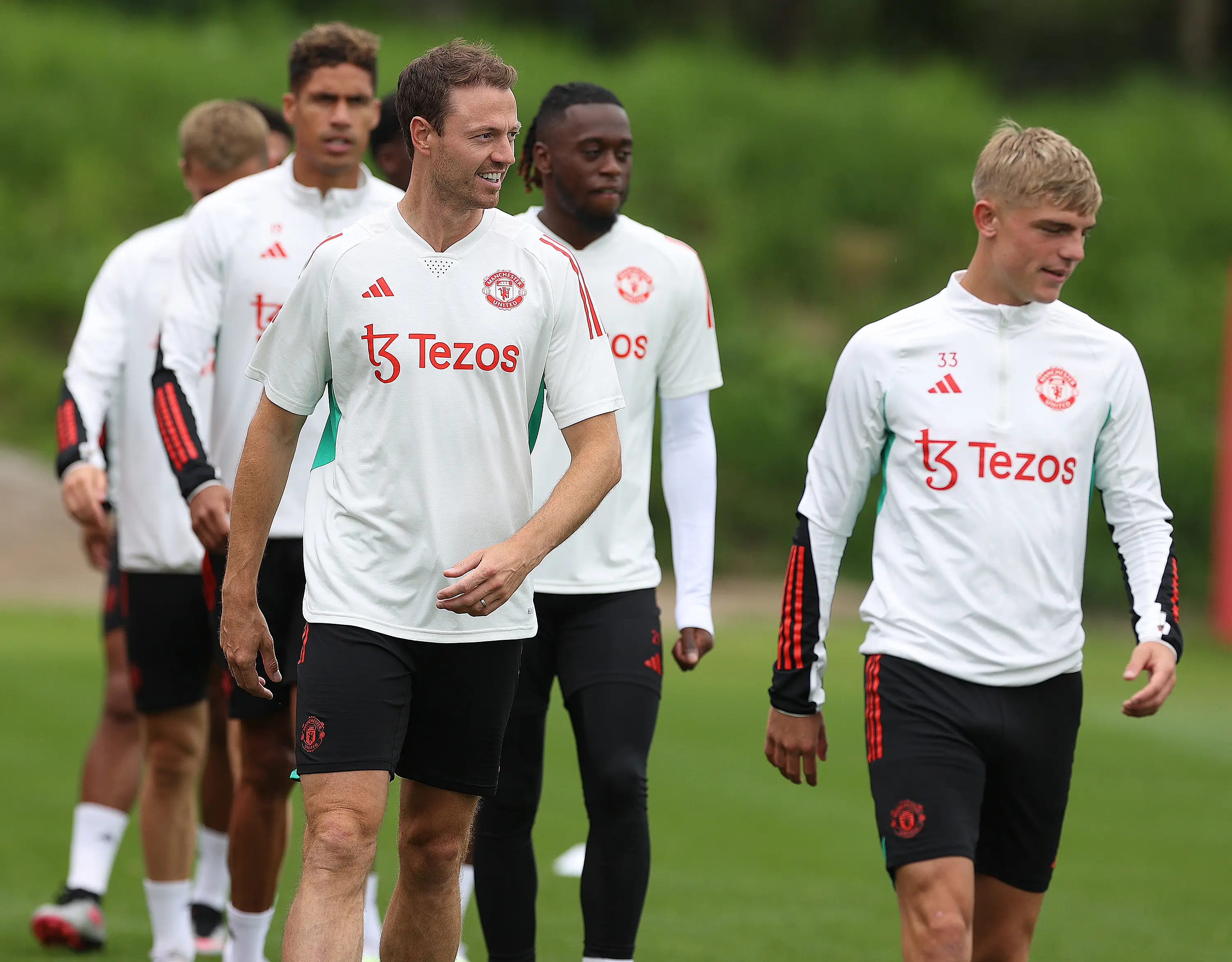 Jonny Evans during a training session for Manchester United. Image: Getty