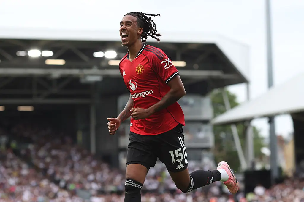 Leny Yoro celebrates after Man Utd's goal against Fulham (Image: Getty)