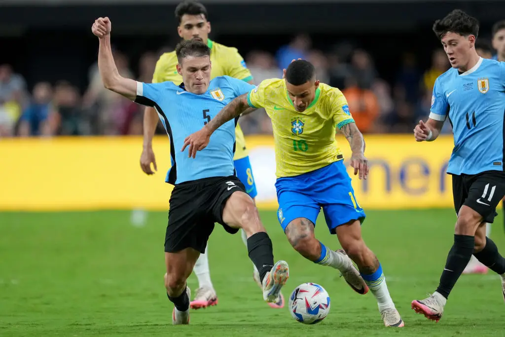 Manuel Ugarte (left) in action for Uruguay at the 2024 Copa America -