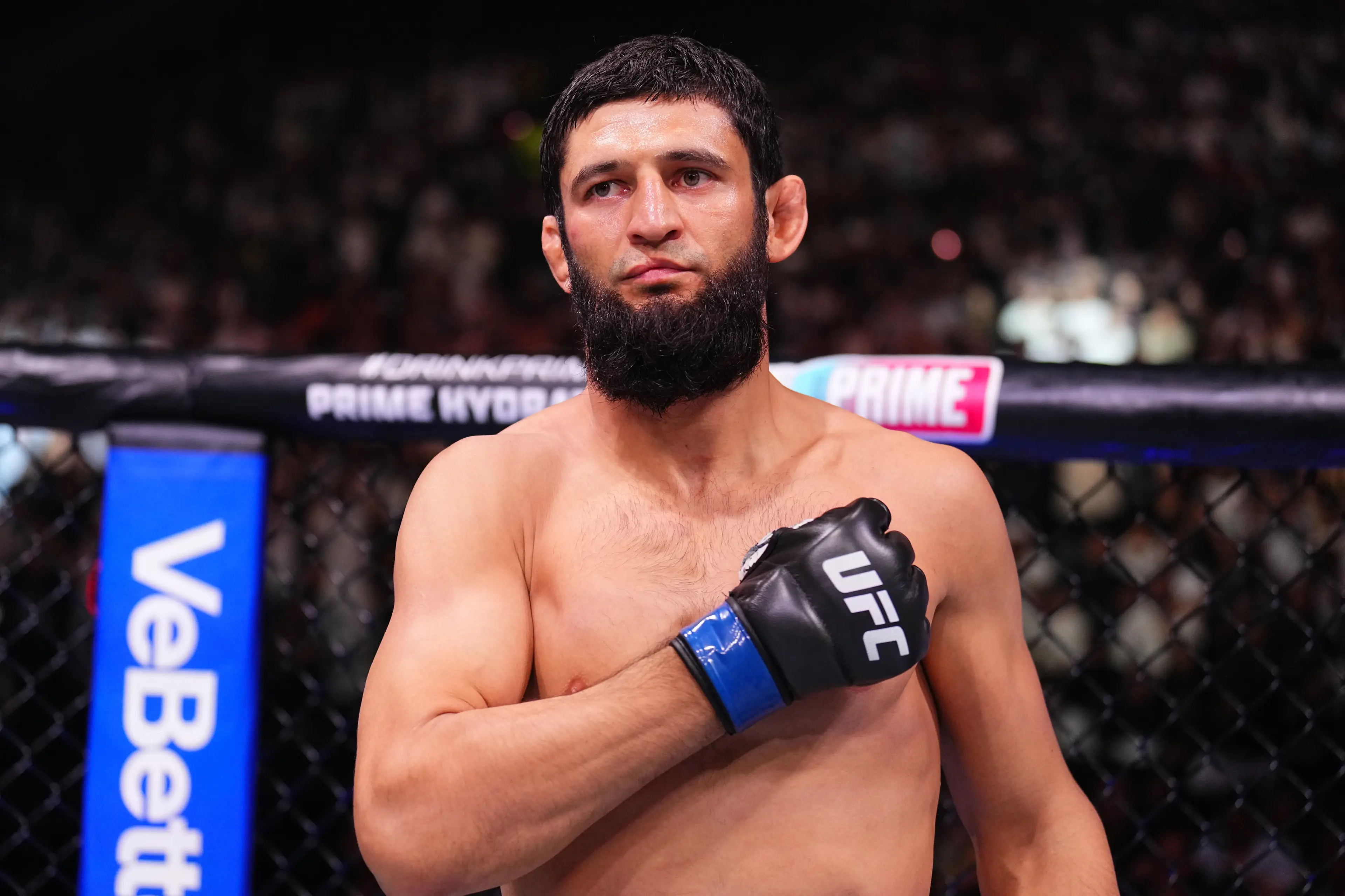 Khamzat Chimaev returns to the Octagon on Saturday night. Image: Getty