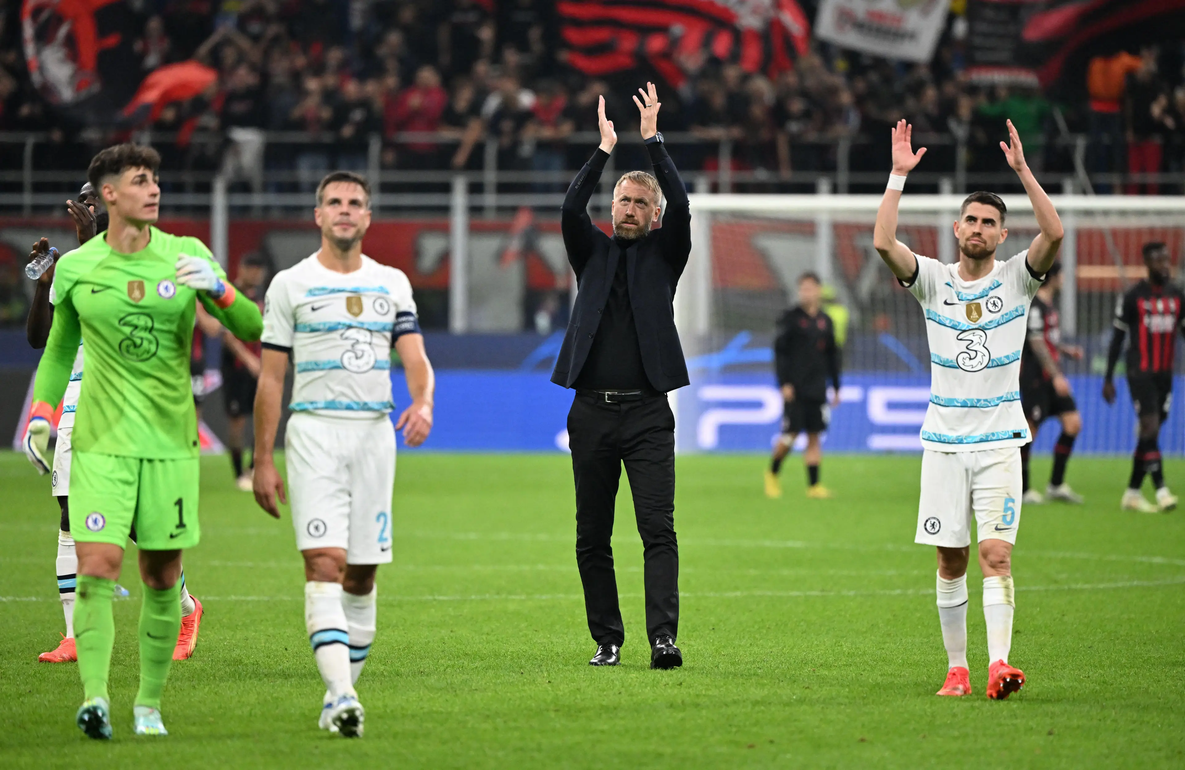 Chelsea manager Graham Potter celebrates after the match at the San Siro. (Alamy)