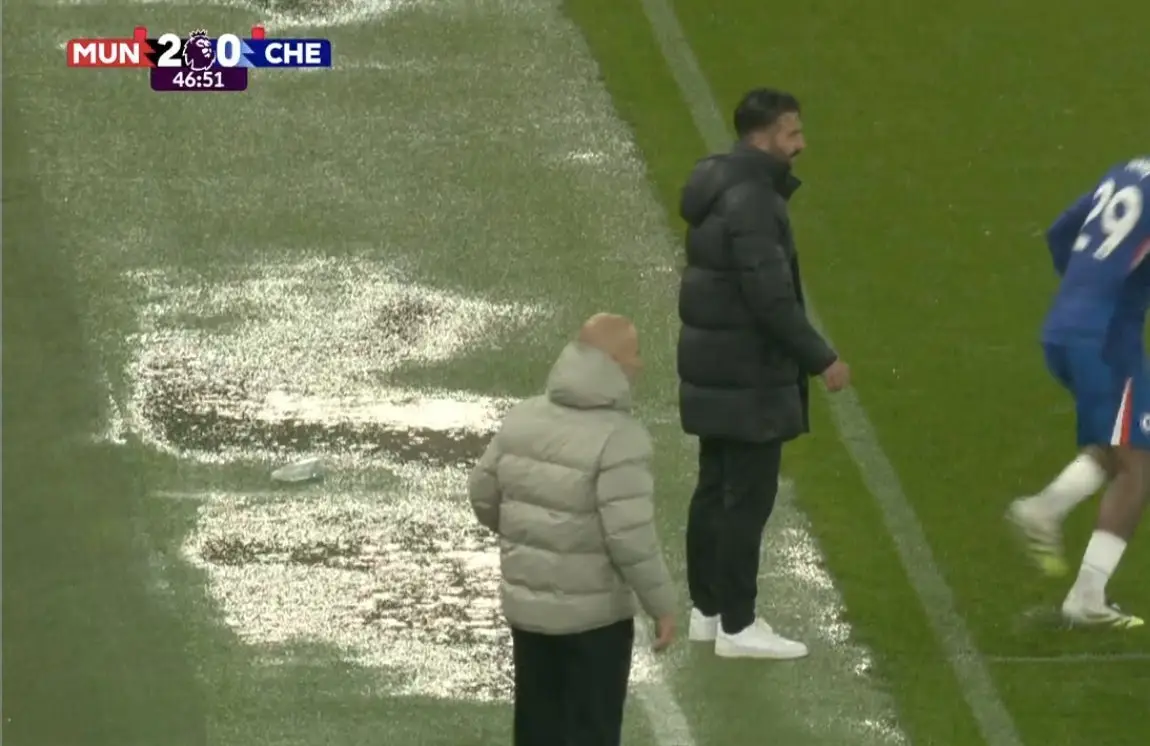 Ruben Amorim was allowed to leave his technical area due to heavy rainfall at Old Trafford. Image: Getty 