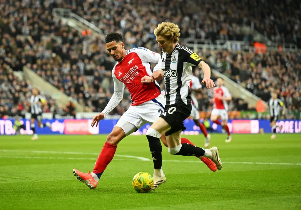 William Saliba struggled in duels with Alexander Isak and Anthony Gordon on Wednesday. (Image: Getty)