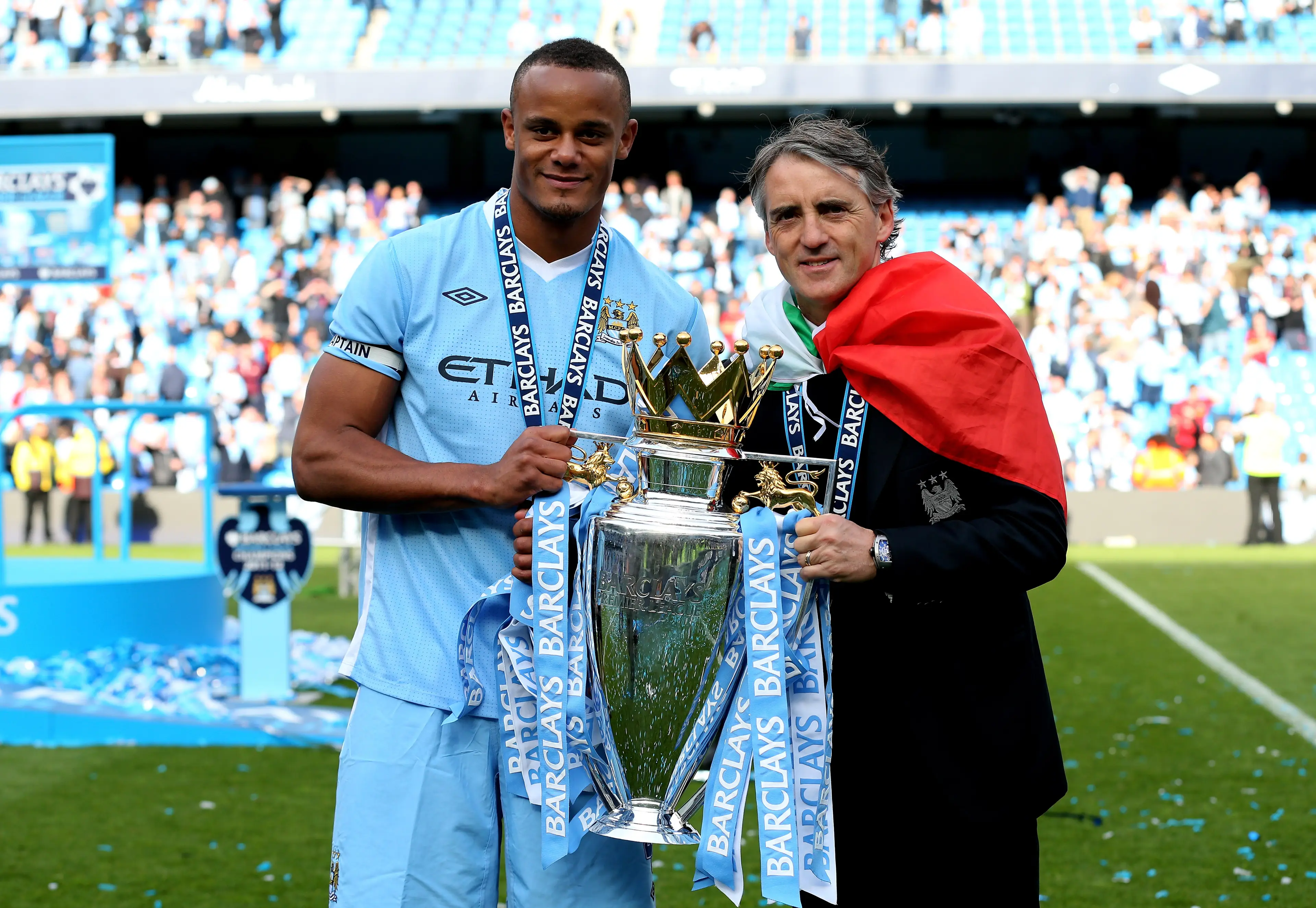 Mancini led City to their first Premier League title in 2012. Image: Getty