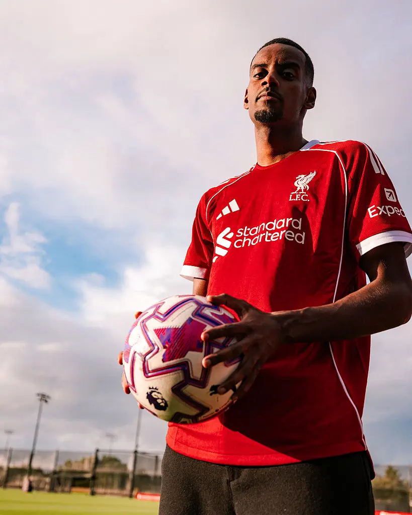 Isak pictured at the AXA Training Centre after completing a move to Liverpool. Image credit: Getty