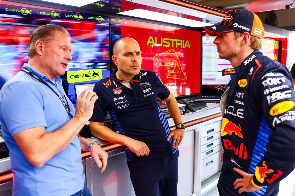 Jos Verstappen, Red Bull race engineer Gianpiero Lambiase and Red Bull driver Max Verstappen pictured (