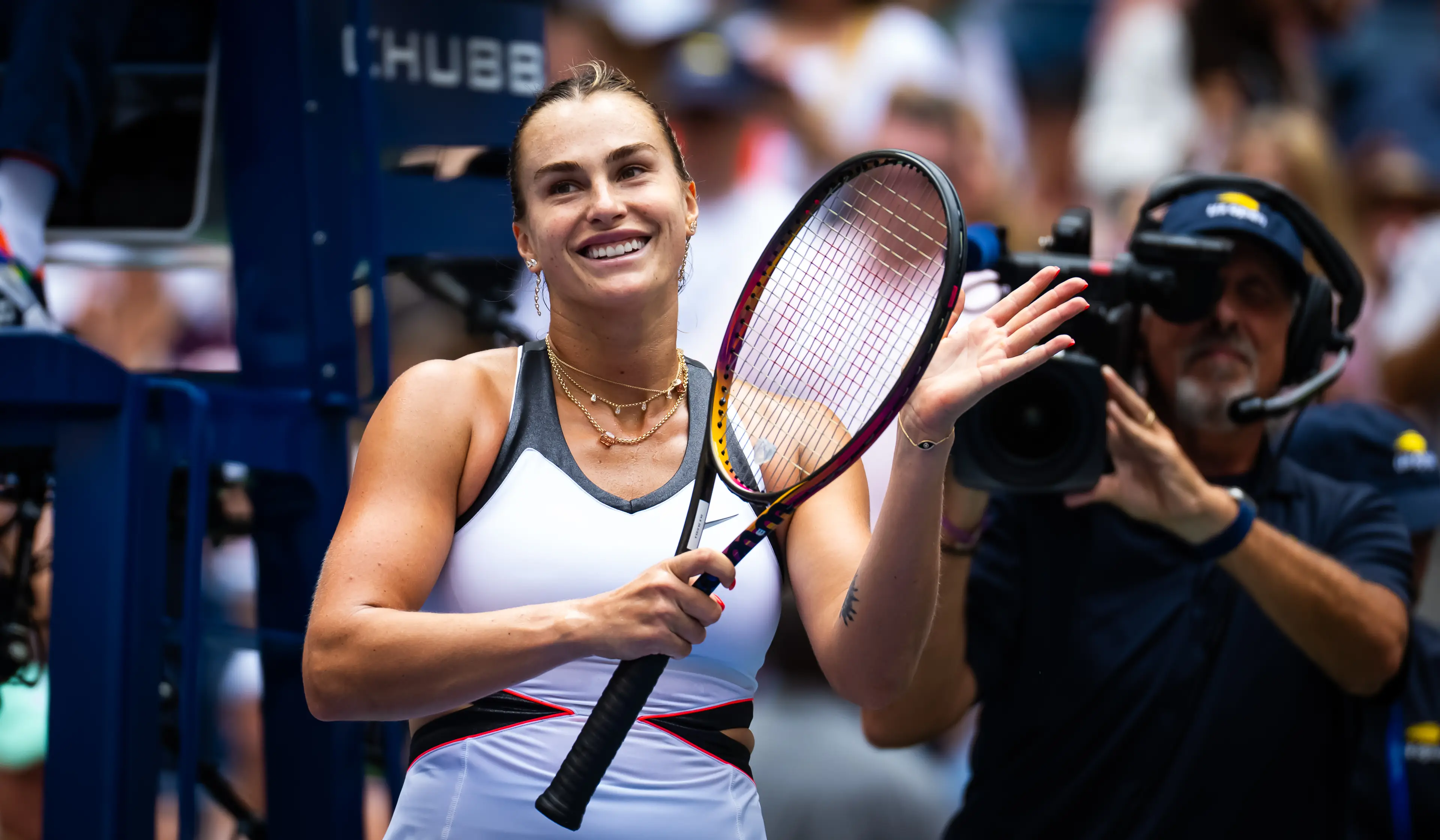 Aryna Sabalenka celebrates winning her opening US Open match. Image: Getty 