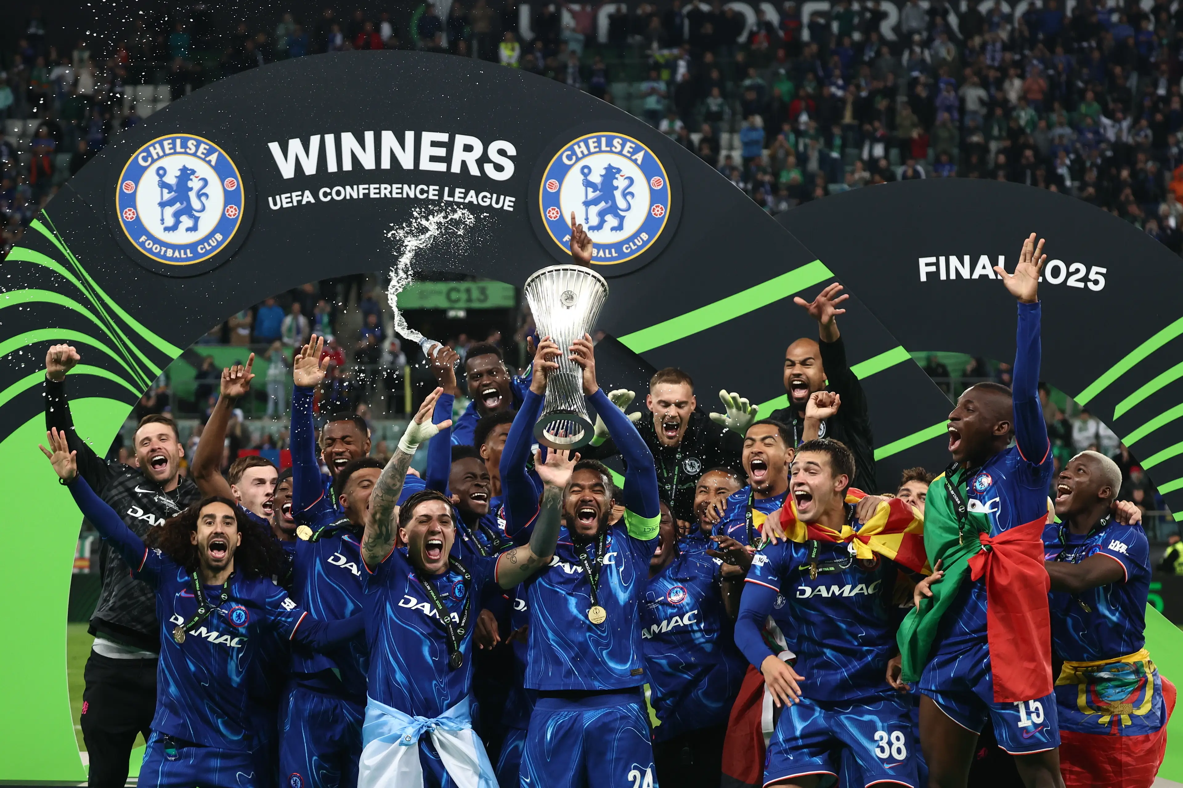 Chelsea celebrate winning the Conference League. Image: Getty