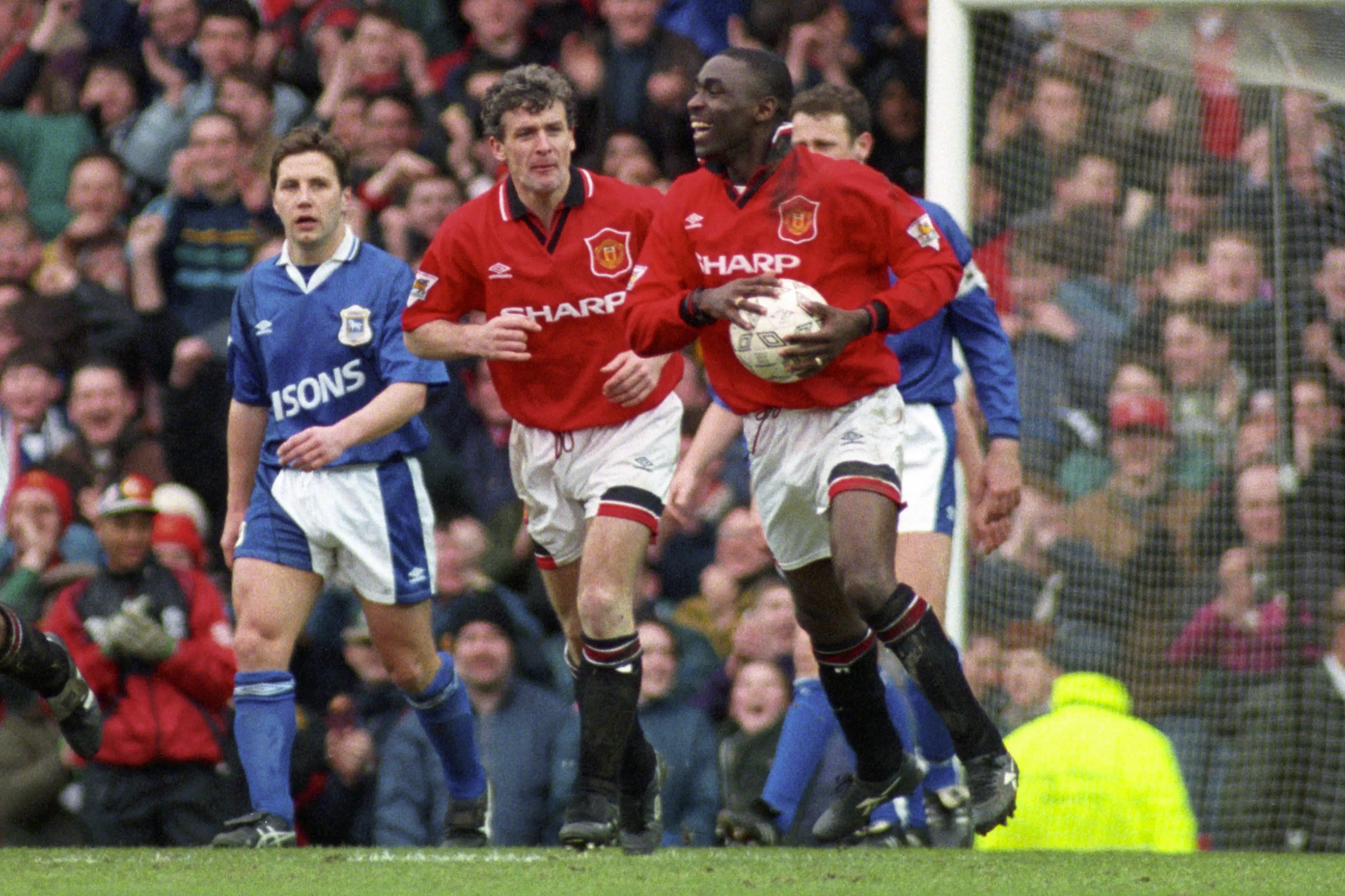 Andy Cole cemebrates scoring a hat-trick during a 9-0 thumping of Ipswich Town. (Alamy)