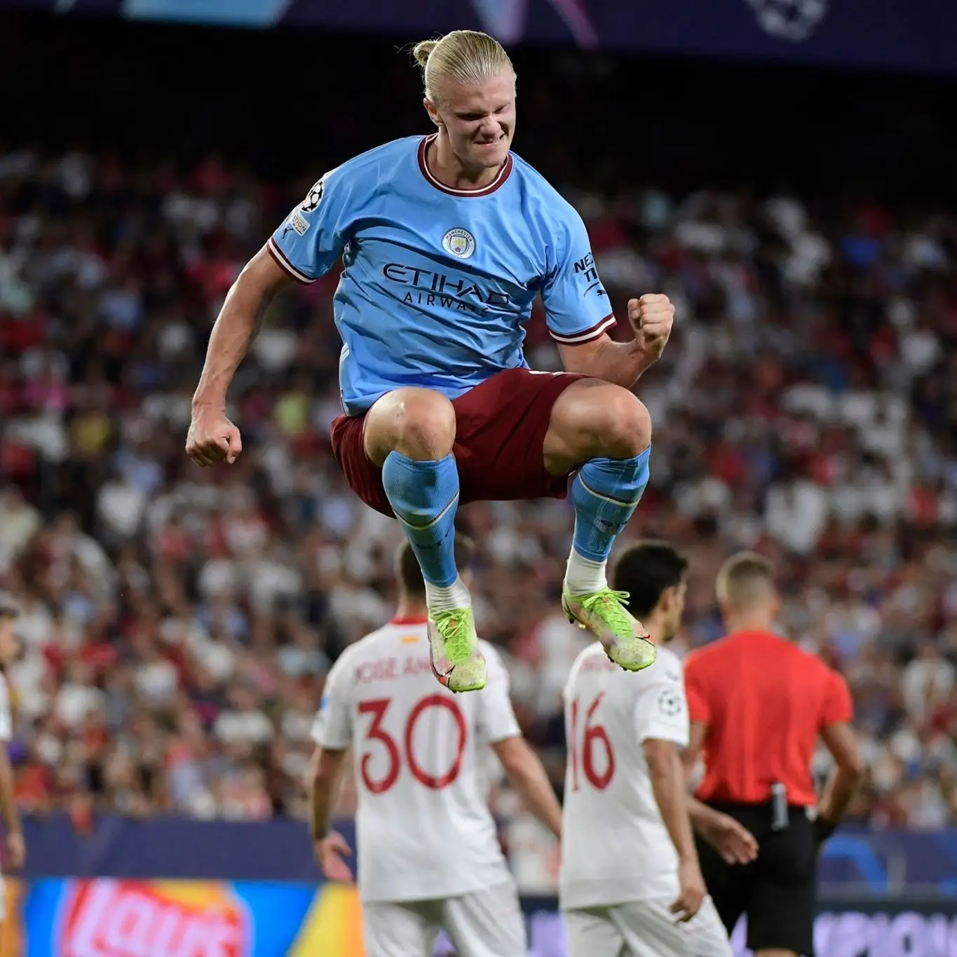 Erling Haaland celebrates after scoring his second against Sevilla (Alamy)
