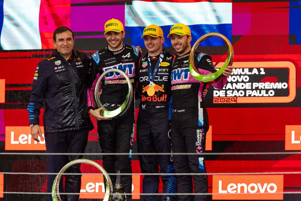 Max Verstappen, Esteban Ocon and Pierre Gasly on the podium at the Brazilian GP -