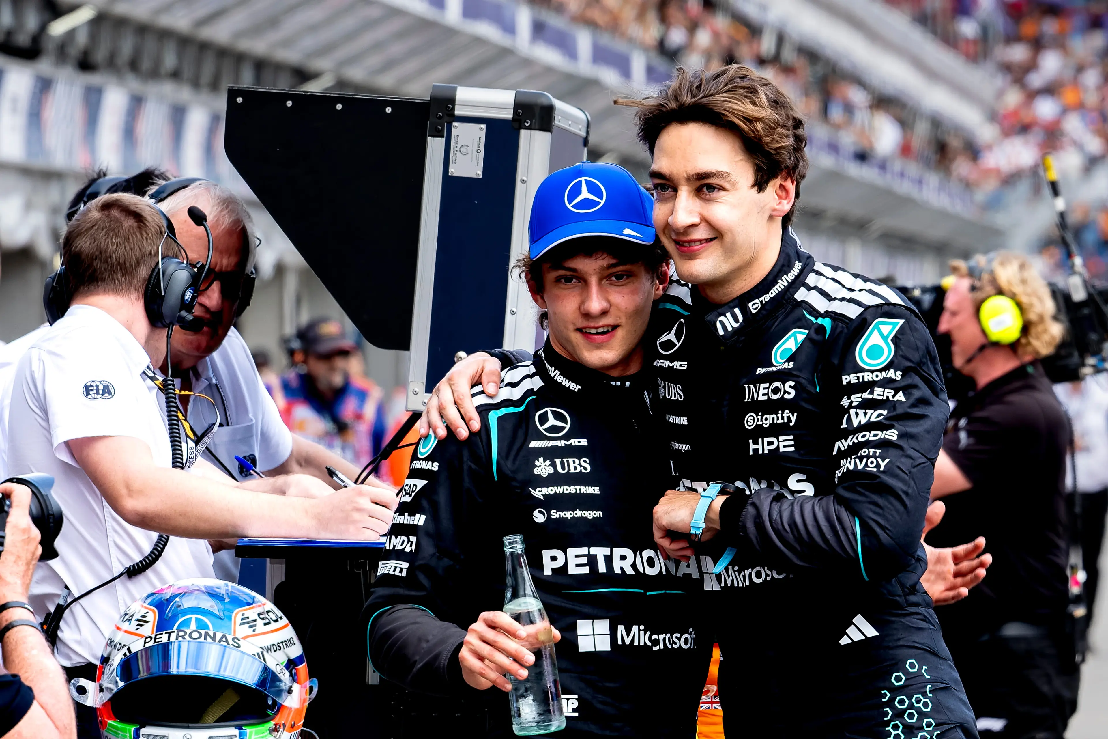 George Russell (right) and Kimi Antonelli occupy the front row for the Australian GP (Image: Getty)