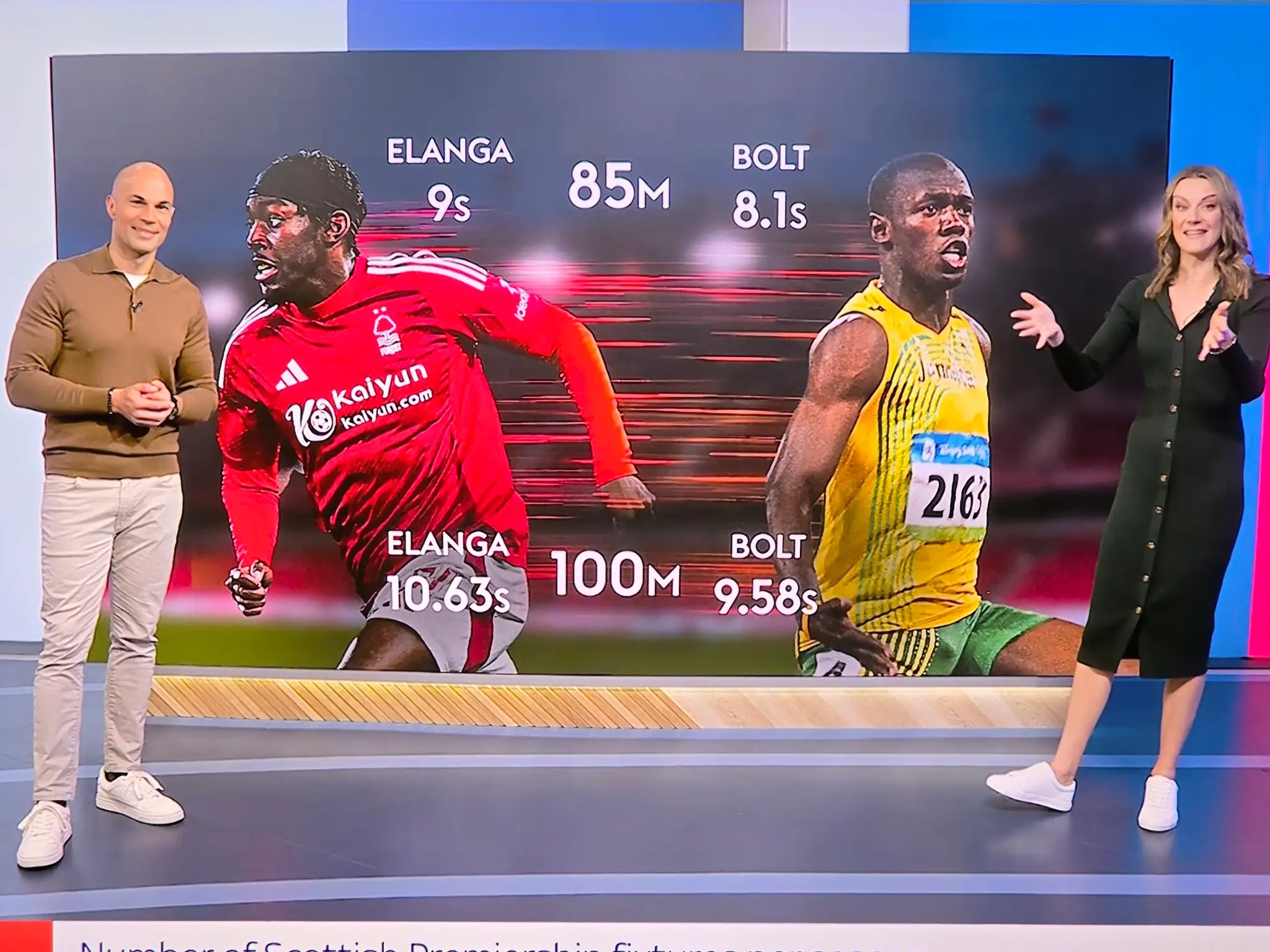 Anthony Elanga's sprint for his goal against Manchester United has been compared to Usain Bolt's 100m world record time. Image: Sky Sports 