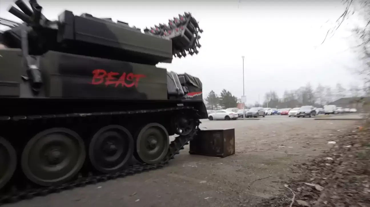 Hall ran over a box with a tank! Image: YouTube