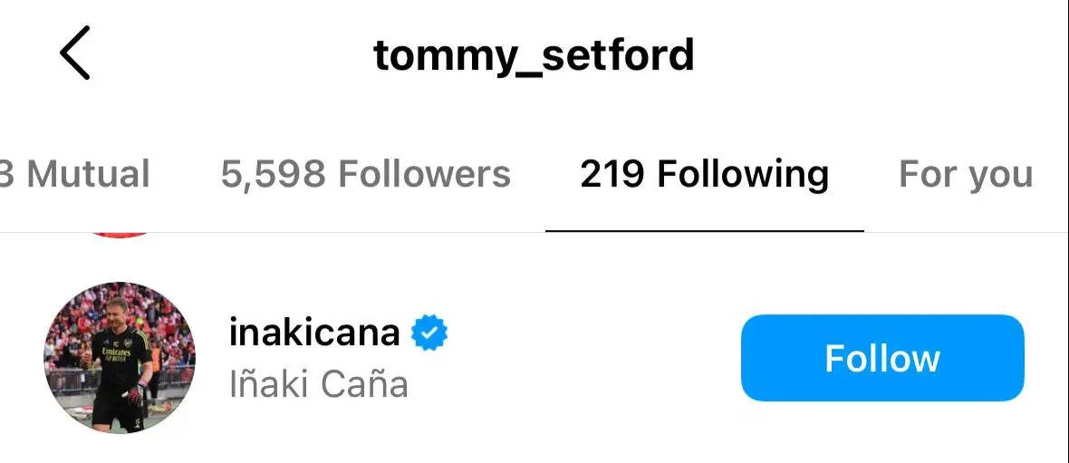 Arsenal fans have spotted who Setford follows on Instagram