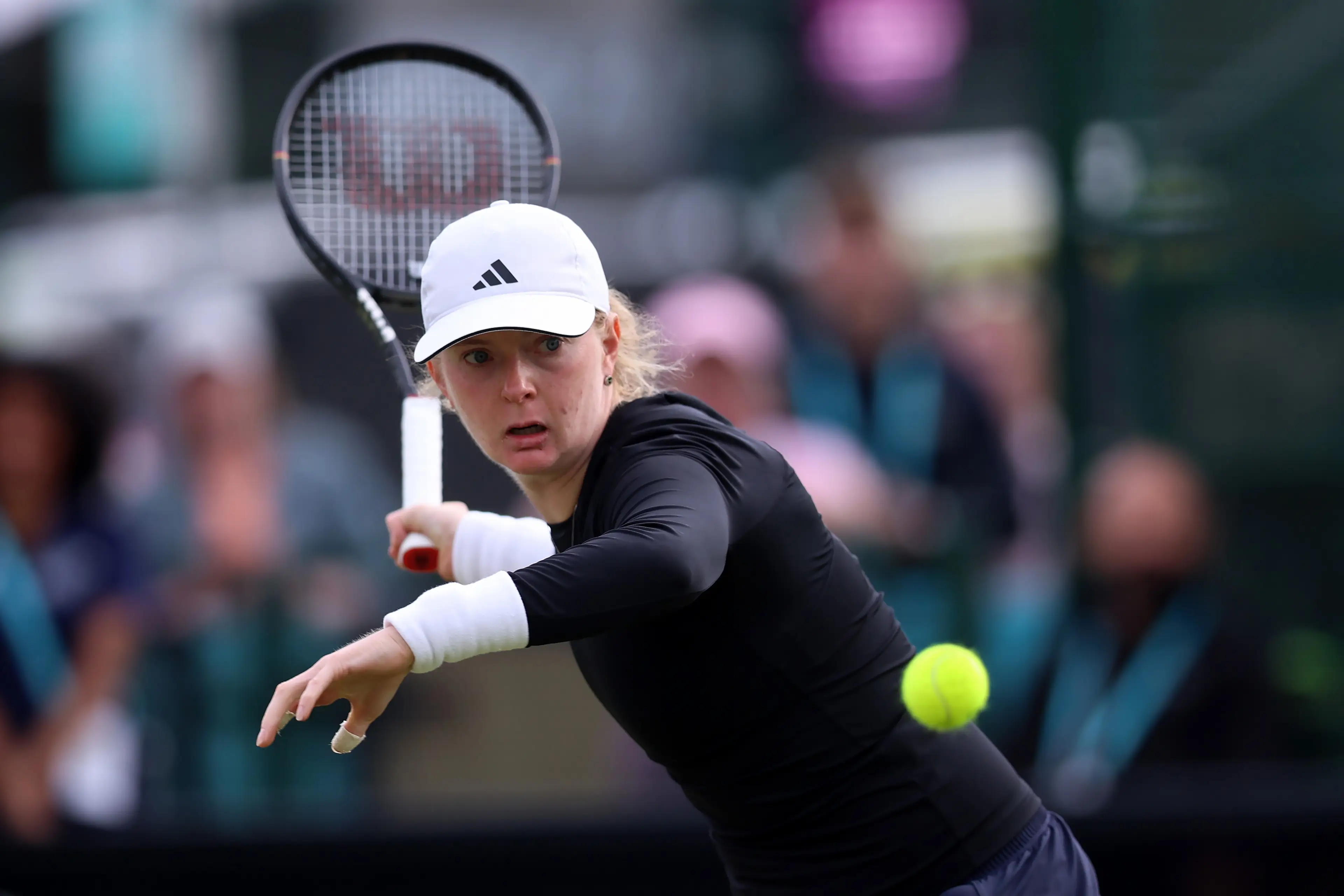 Francesca Jones of Great Britain plays a forehand during the Women's Singles First Round match against Talia Gibson of Australia (Getty Images)