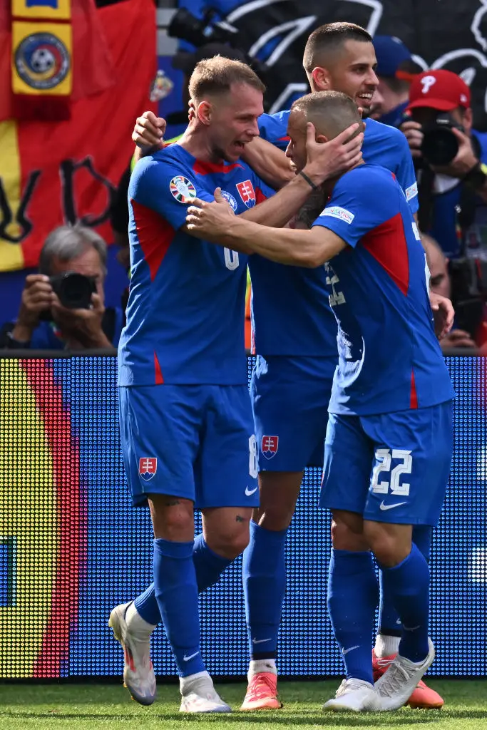 Stanislav Lobotka celebrated with teammate Ondrej Duda, who opened the scoreline for Slovakia in the 1-1 draw with Romania. (Image: Getty)