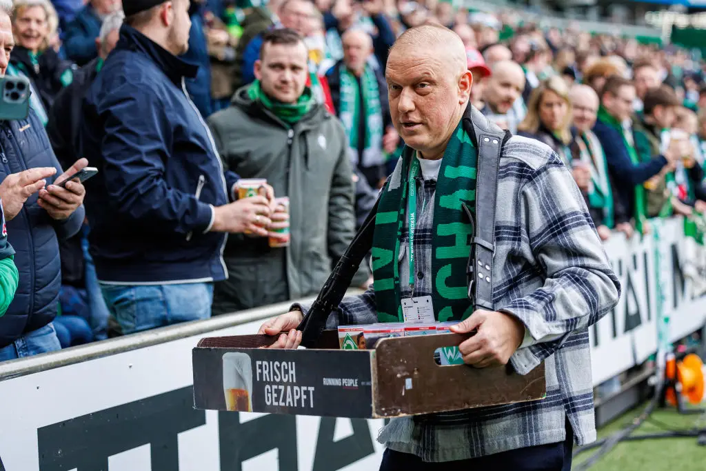 Klasnic gives free beer to fans on Werder Bremen's 125th birthday in 2024. Image credit: Getty