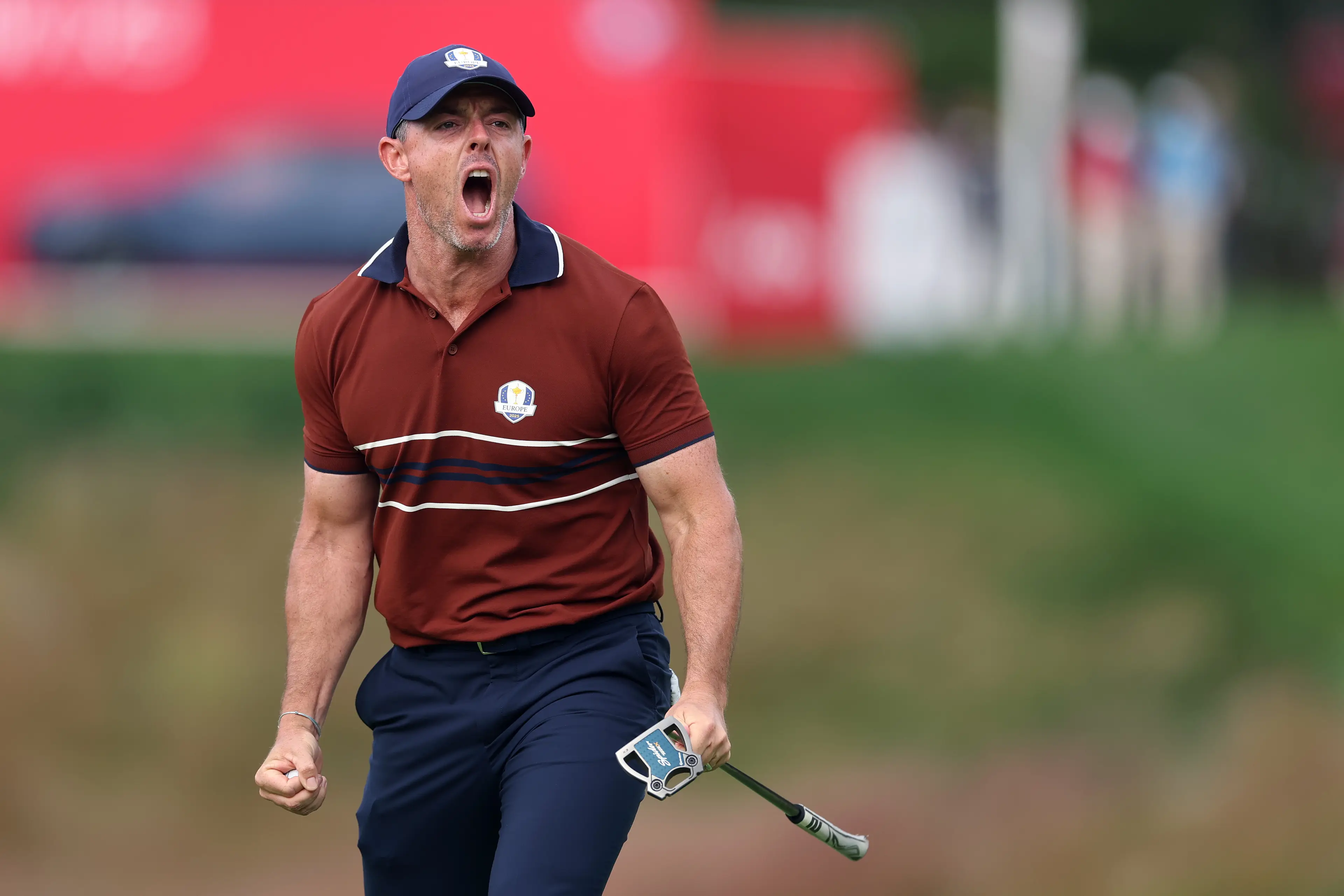 Rory McIlroy of Team Europe reacts on the 14th green (Image: Getty)