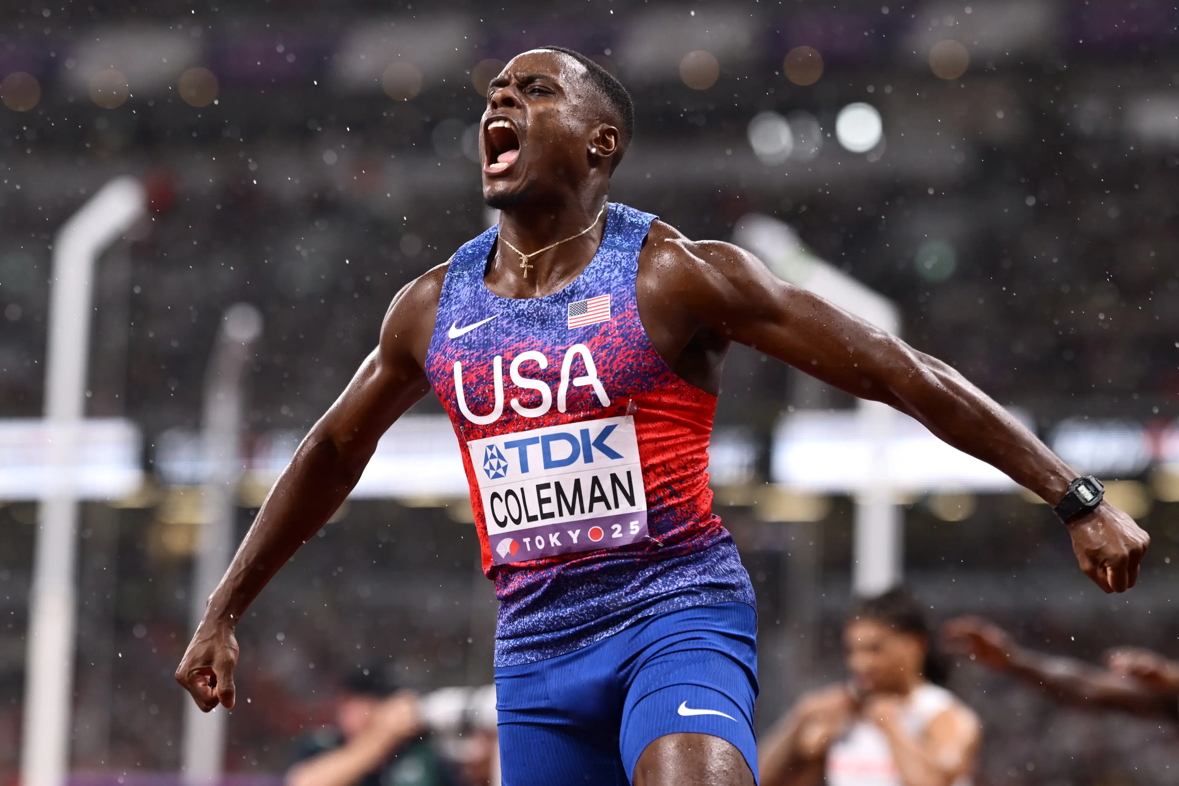 Gold medalist Christian Coleman of Team United States celebrates after competing in the Men's 4x100 Metres Relay Final on day nine of the World Athletics Championships Tokyo 2025 (Getty Images)