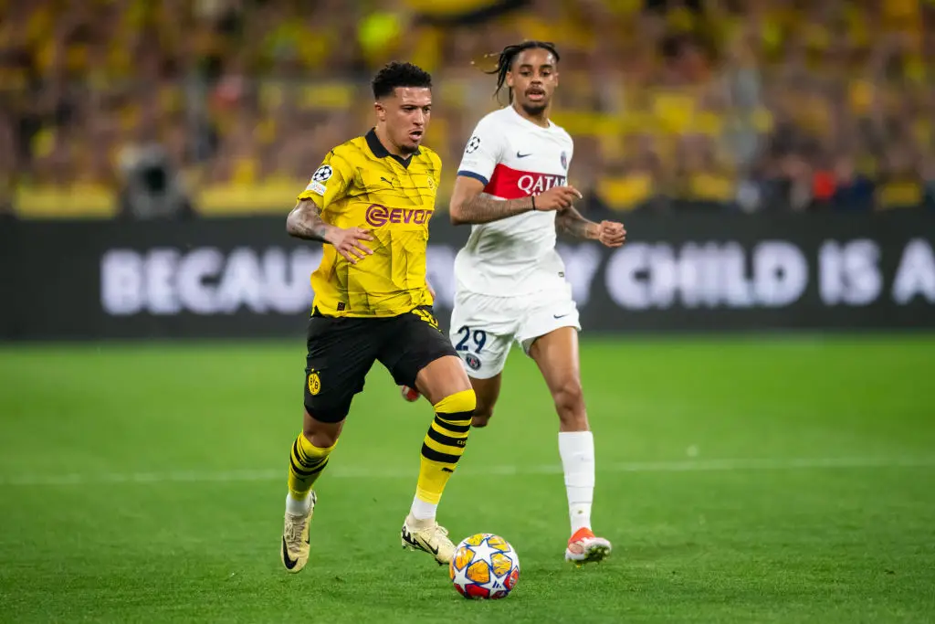 Man Utd loanee Jadon Sancho in action for Borussia Dortmund against PSG (