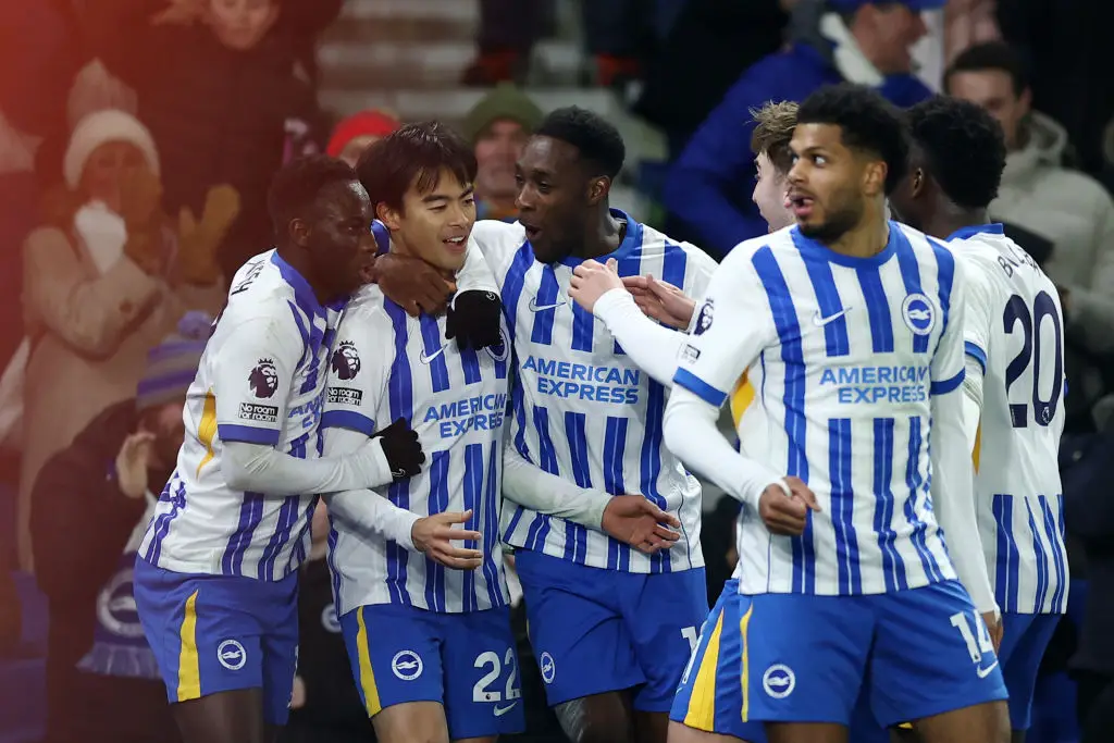 Brighton team-mates celebrate with Kaoru Mitoma after his goal against Chelsea (Image: Getty)