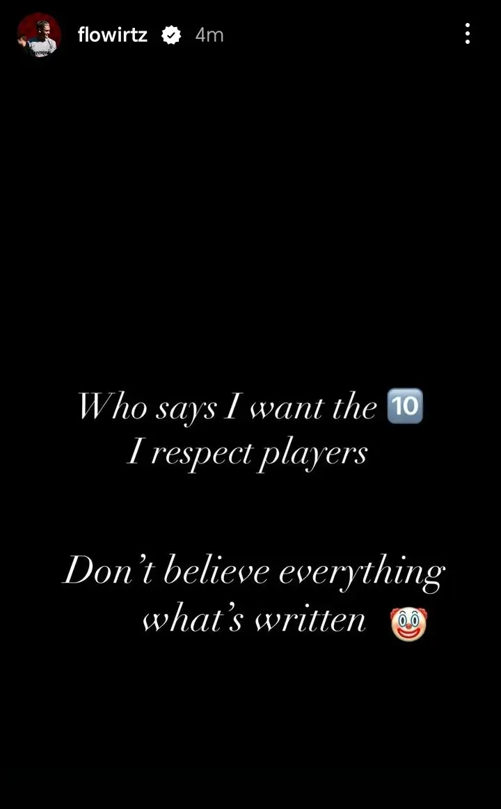 Wirtz responds to reports about his shirt number demands. Image credit: Instagram/flowirtz