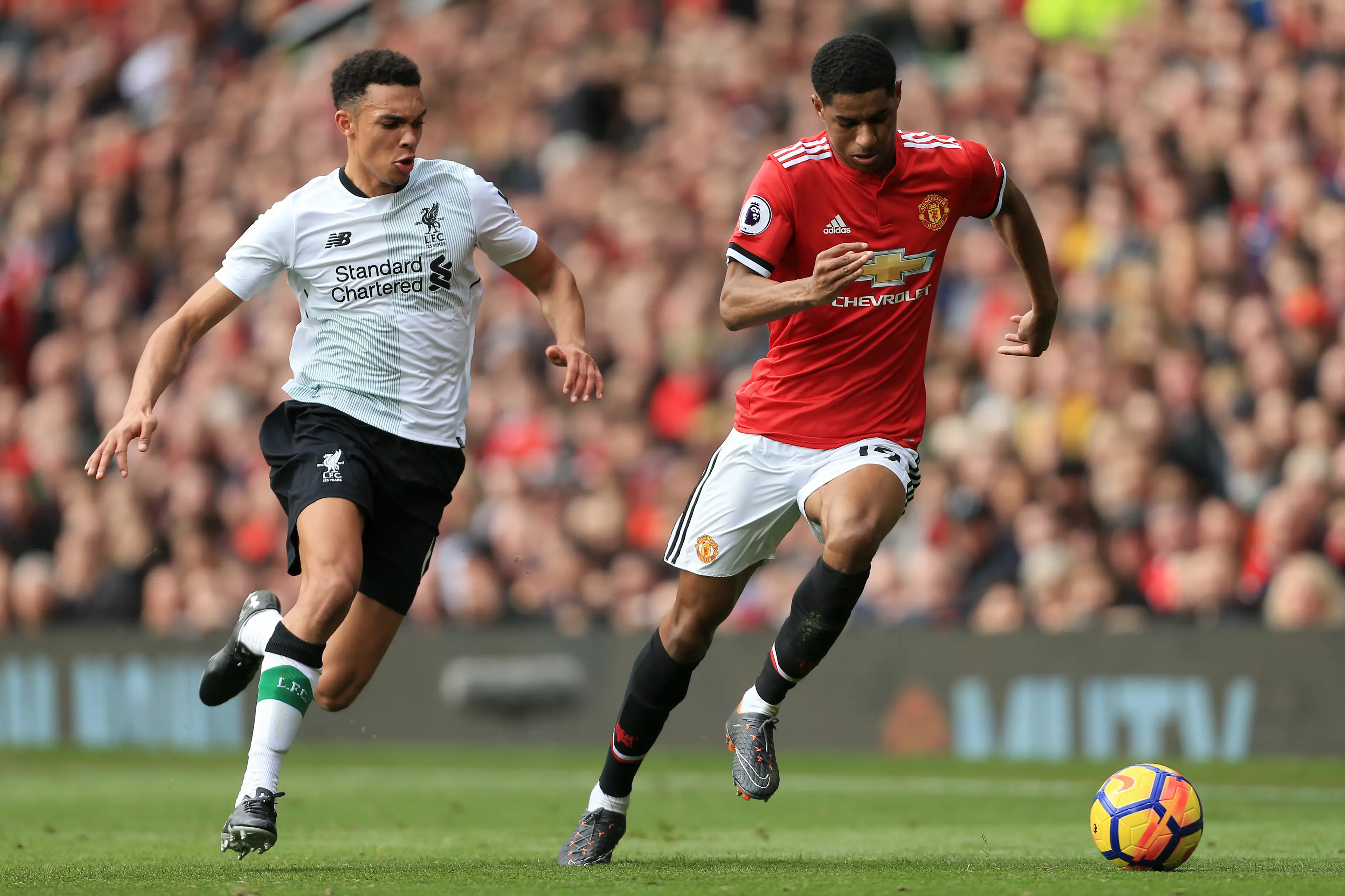 Marcus Rashford handed Trent Alexander-Arnold his toughest outing in a 2018 fixture between Manchester United and Liverpool. Image: Getty 