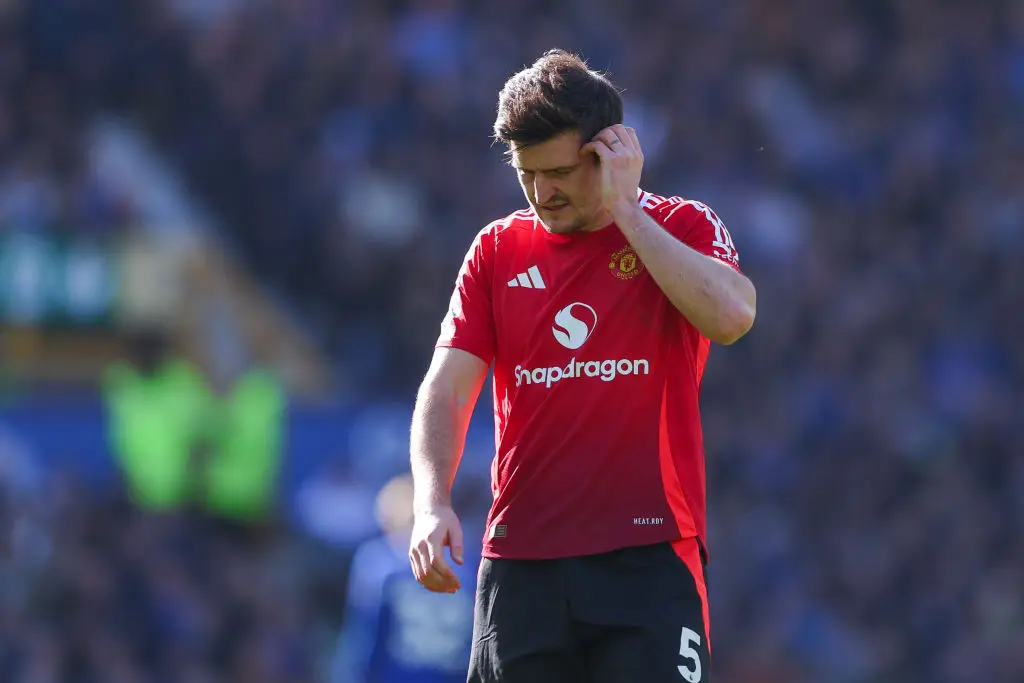 Harry Maguire struggled during the first half against Everton. (Image: Getty)