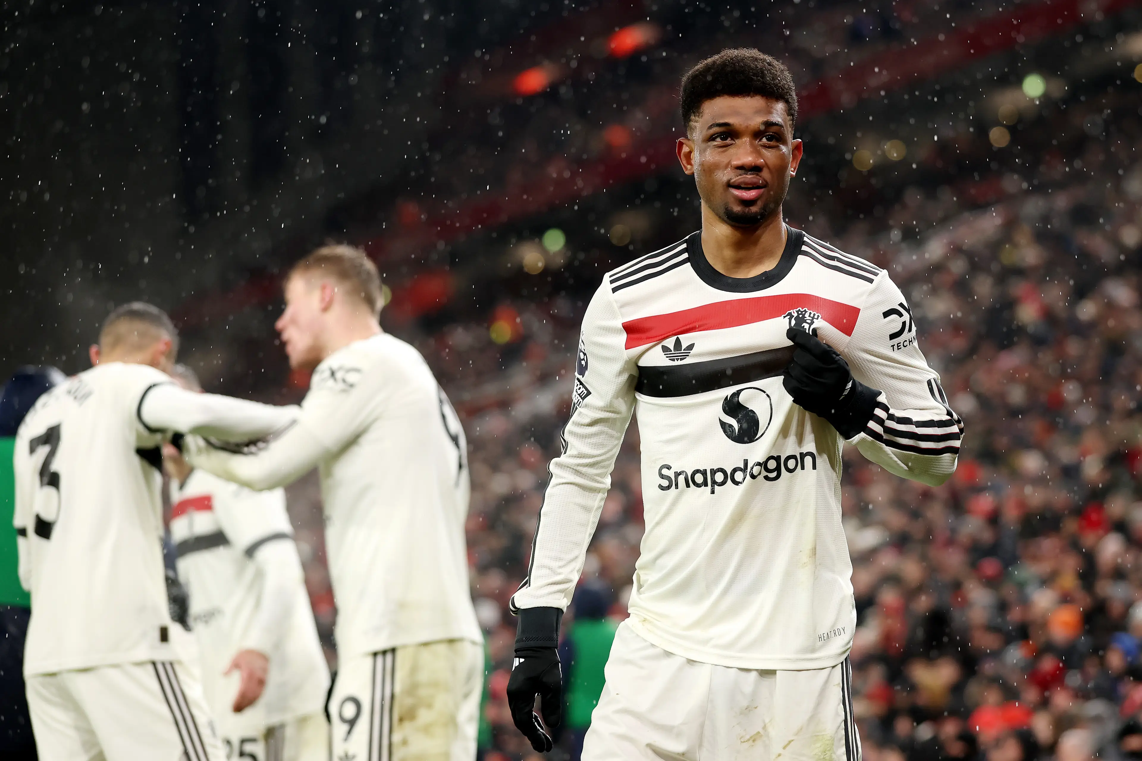 Amad Diallo celebrates scoring a goal against Liverpool. Image: Getty
