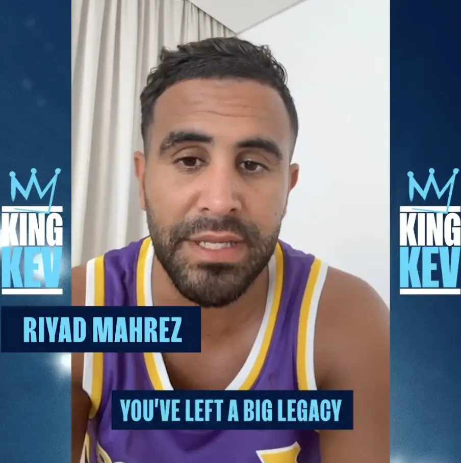 RIyad Mahrez wore a NBA jersey during Kevin De Bruyne's farewell speech. Image: Manchester City