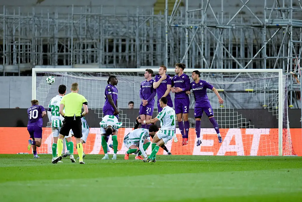 Antony's incredible free kick goal opened the scoring during the Conference League semi final second leg between Real Betis and Fiorentina. (Image: Getty)