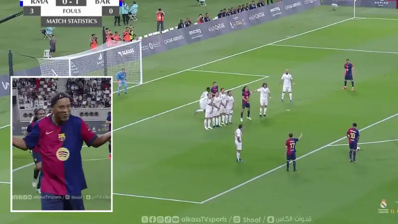 Ronaldinho rolls back the years with stunning free kick goal in Real Madrid vs Barcelona exhibition match