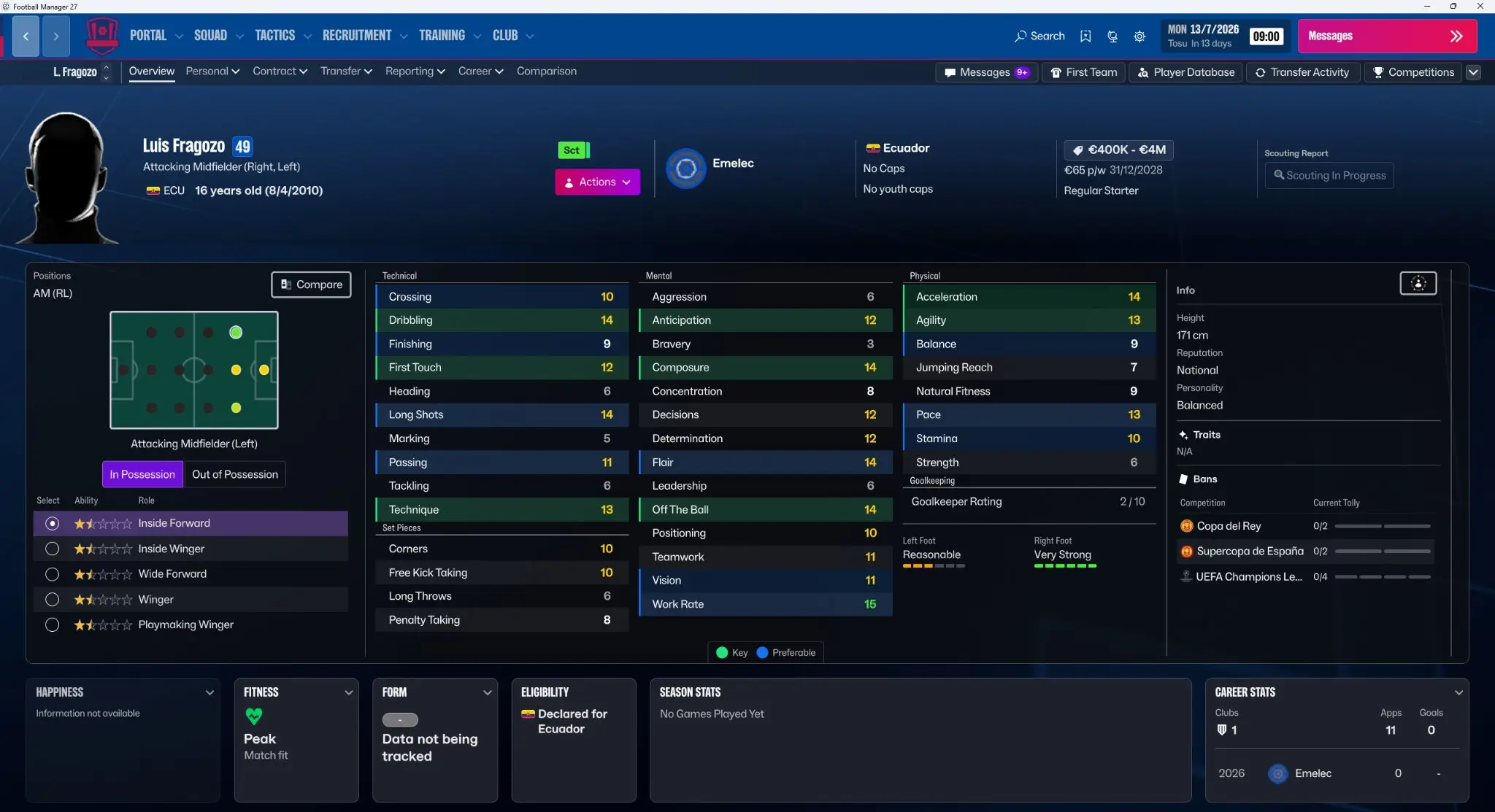 Luis Fragozo's profile on Football Manager 27. Image credit: Sports Interactive - X/@Passion4FM