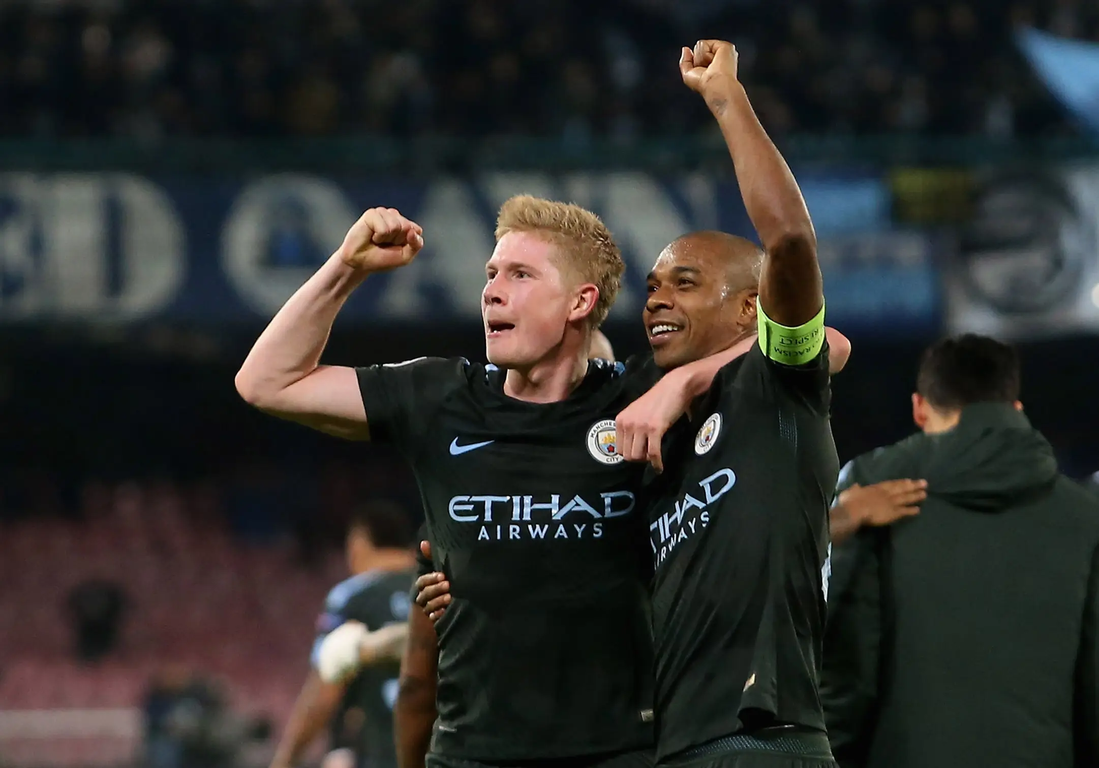Kevin De Bruyne and Fernandinho celebrate a Manchester City victory over Napoli in the Champions League. Image: Getty 