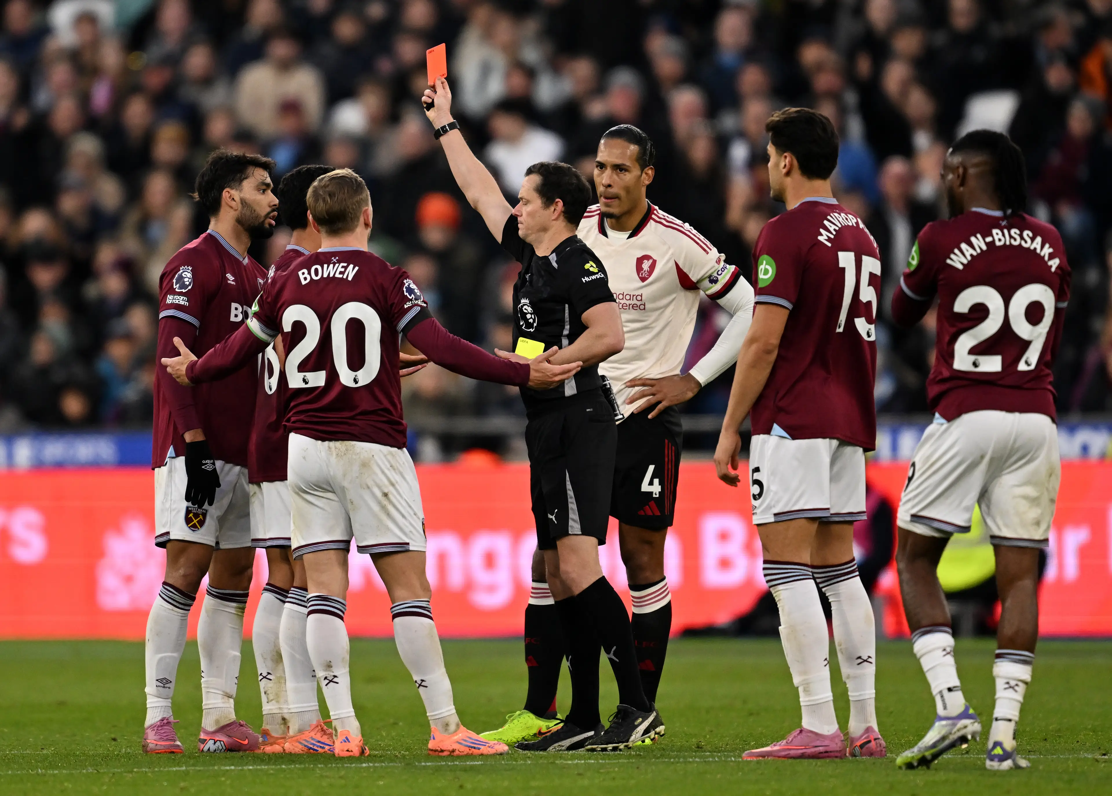 Lucas Paqueta was sent off against Liverpool. Image: Getty