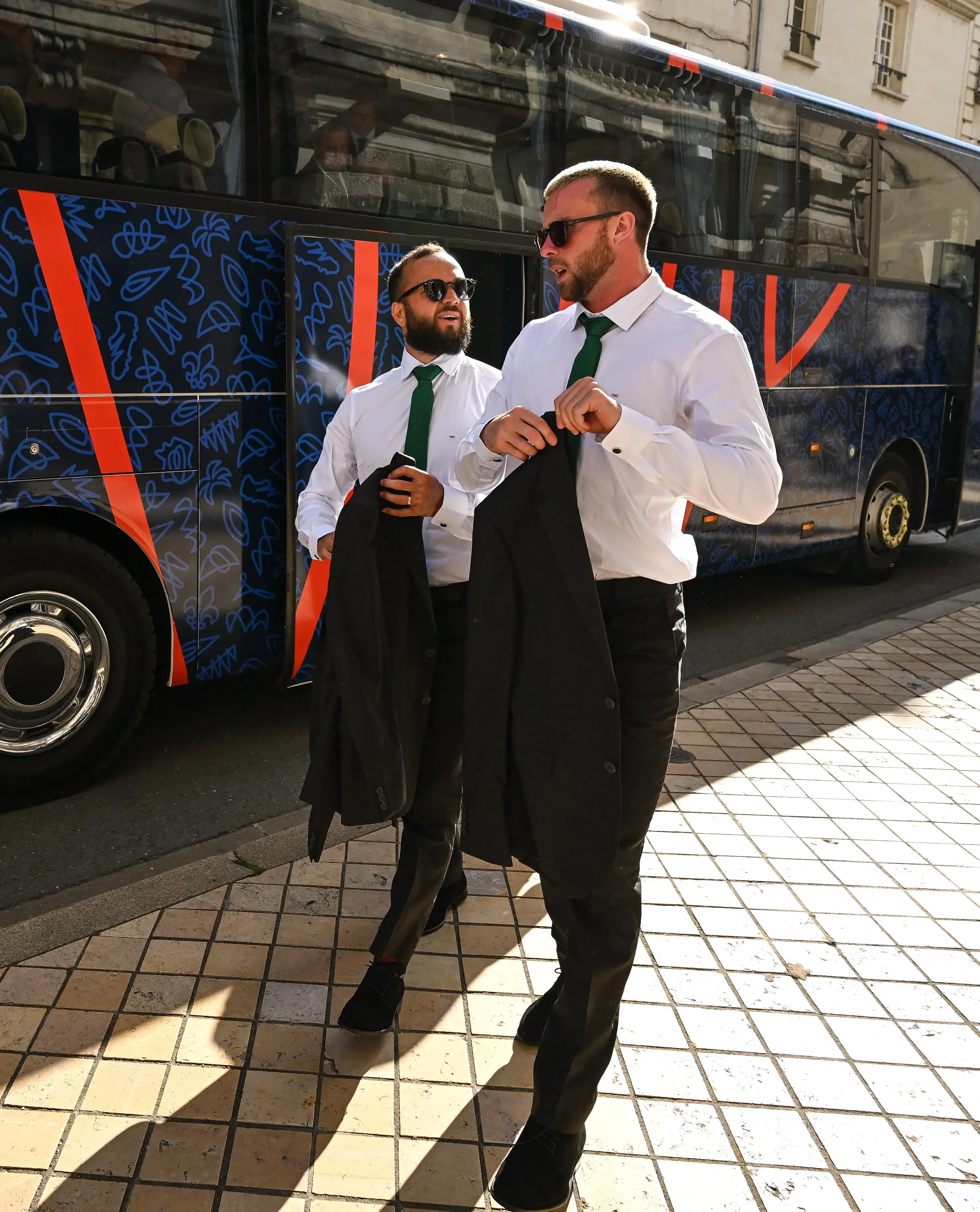 Jamison Gibson-Park, left, and Mack Hansen arrive for the Ireland Rugby World Cup 2023 welcome ceremony at Le Grand Théâtre de Tours in France. (Getty Images)