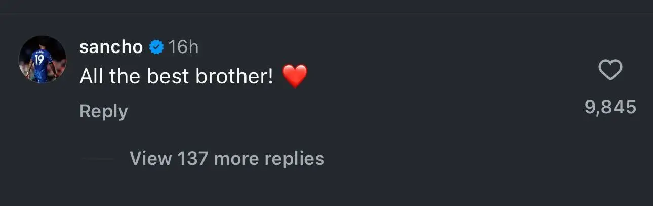 Jadon Sancho's comment to Marcus Rashford (credit: Instagram)