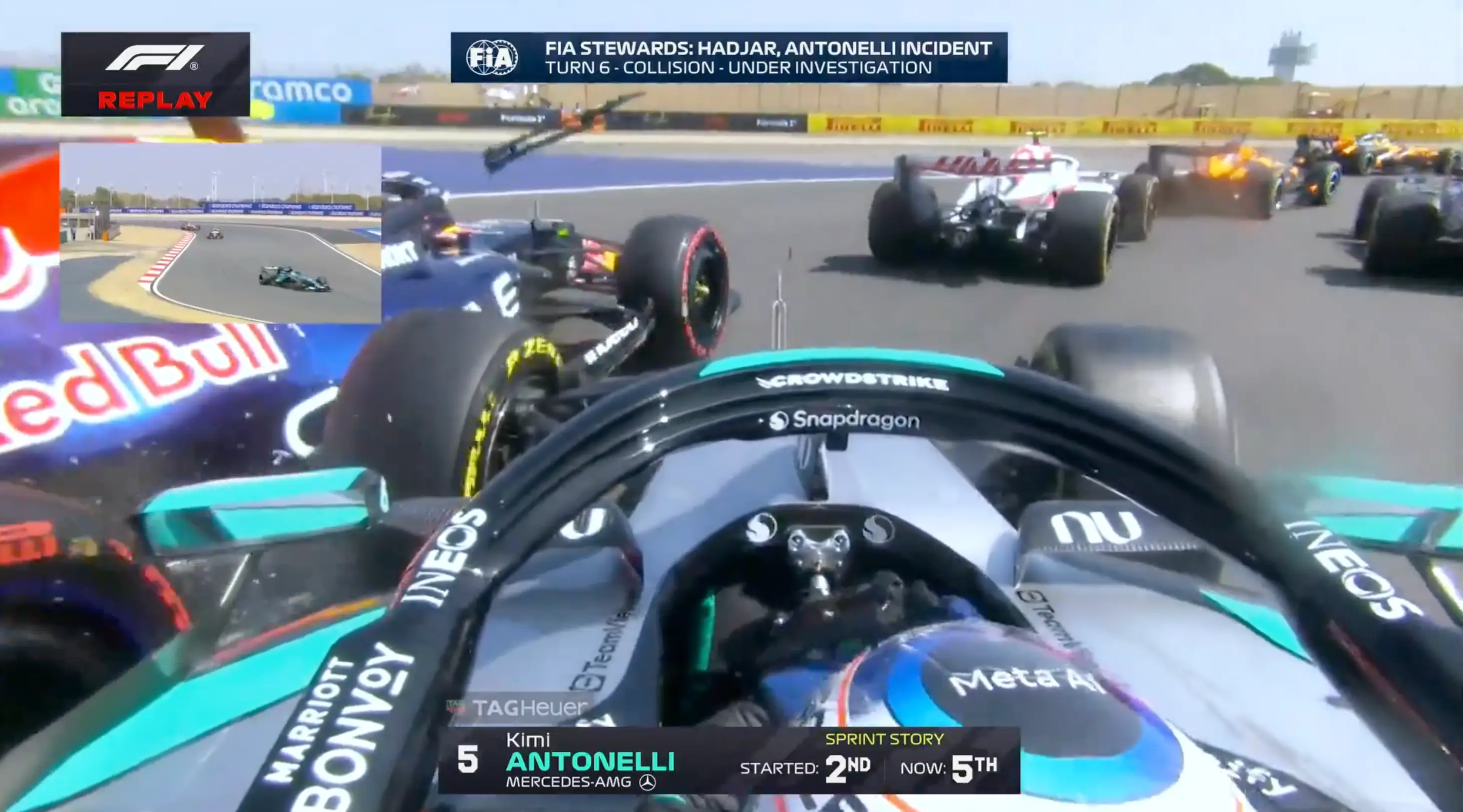 Antonelli made contact with Hadjar at Turn 4. Image credit: F1